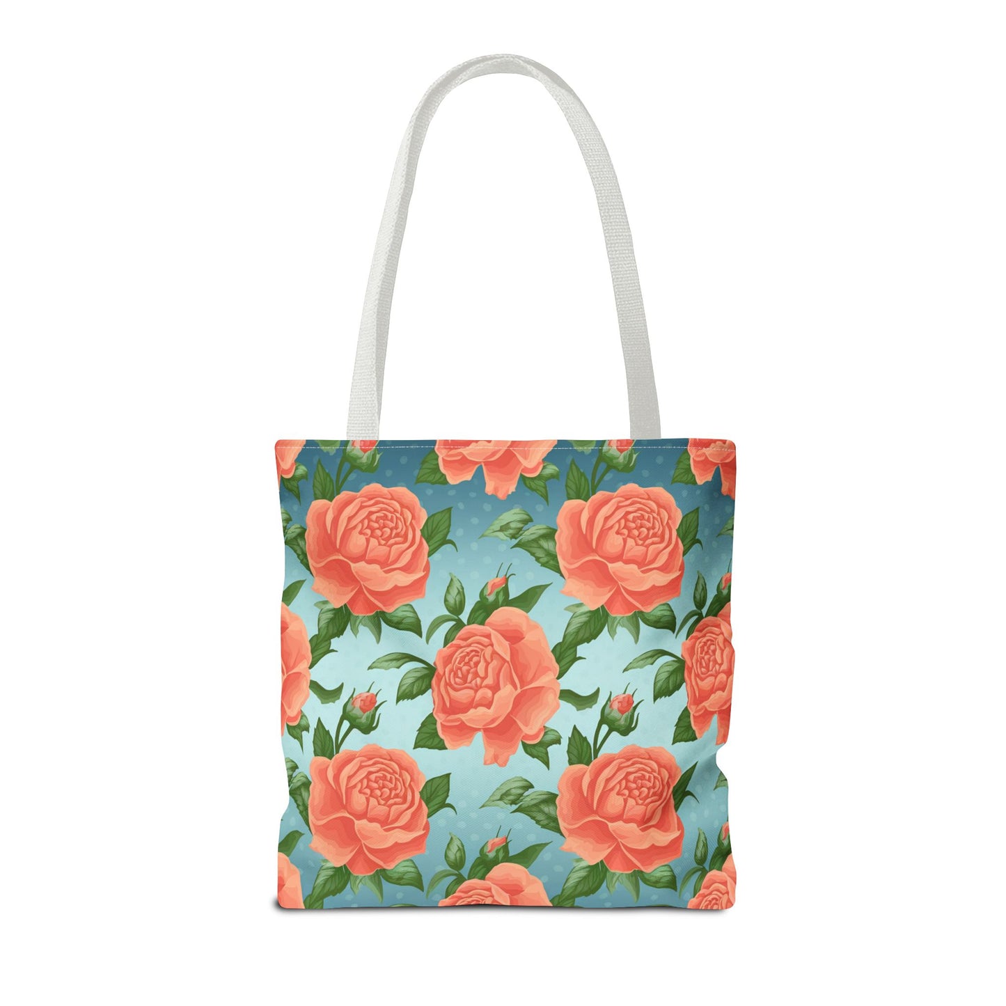 Vintage Floral Tote Bag – Coral Rose Pattern on Blue Background – Aesthetic Everyday Carry Bag – Reusable Fabric Market Tote Gift