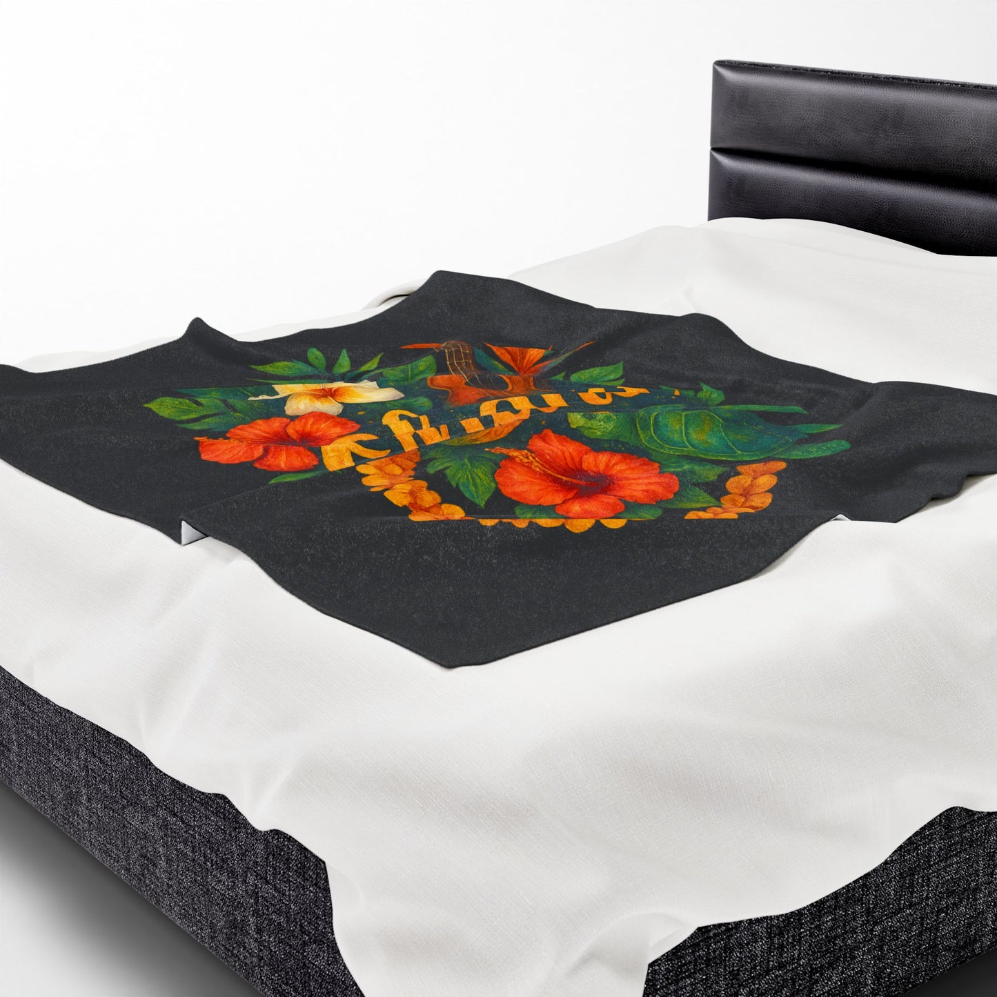 Ohana Hawaiian Blanket - Tropical Floral Turtle Ukulele Throw - Polynesian Island Bedding - Hawaii Gift - Cozy Beach Vibes Decor