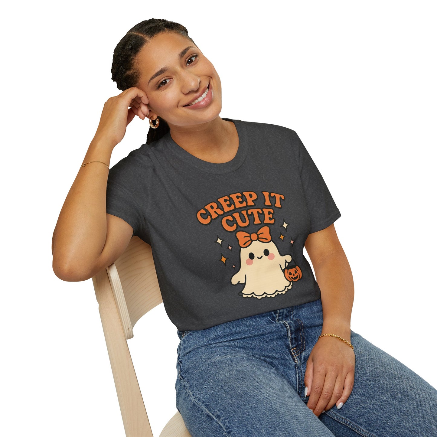 Creep It Cute Ghost Halloween Shirt - Kawaii Ghost Tee with Bow and Pumpkin, Spooky-Cute Fall Graphic T-Shirt, Spooky Season Halloween Top