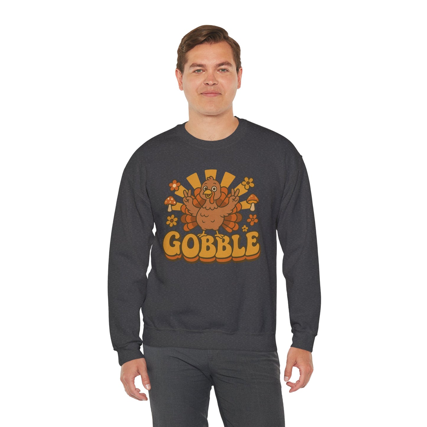 Gobble Turkey Sweatshirt, Retro Fall Turkey Crewneck, Thanksgiving Graphic Pullover, Autumn Mushroom & Flower Design, Cozy Fall Top