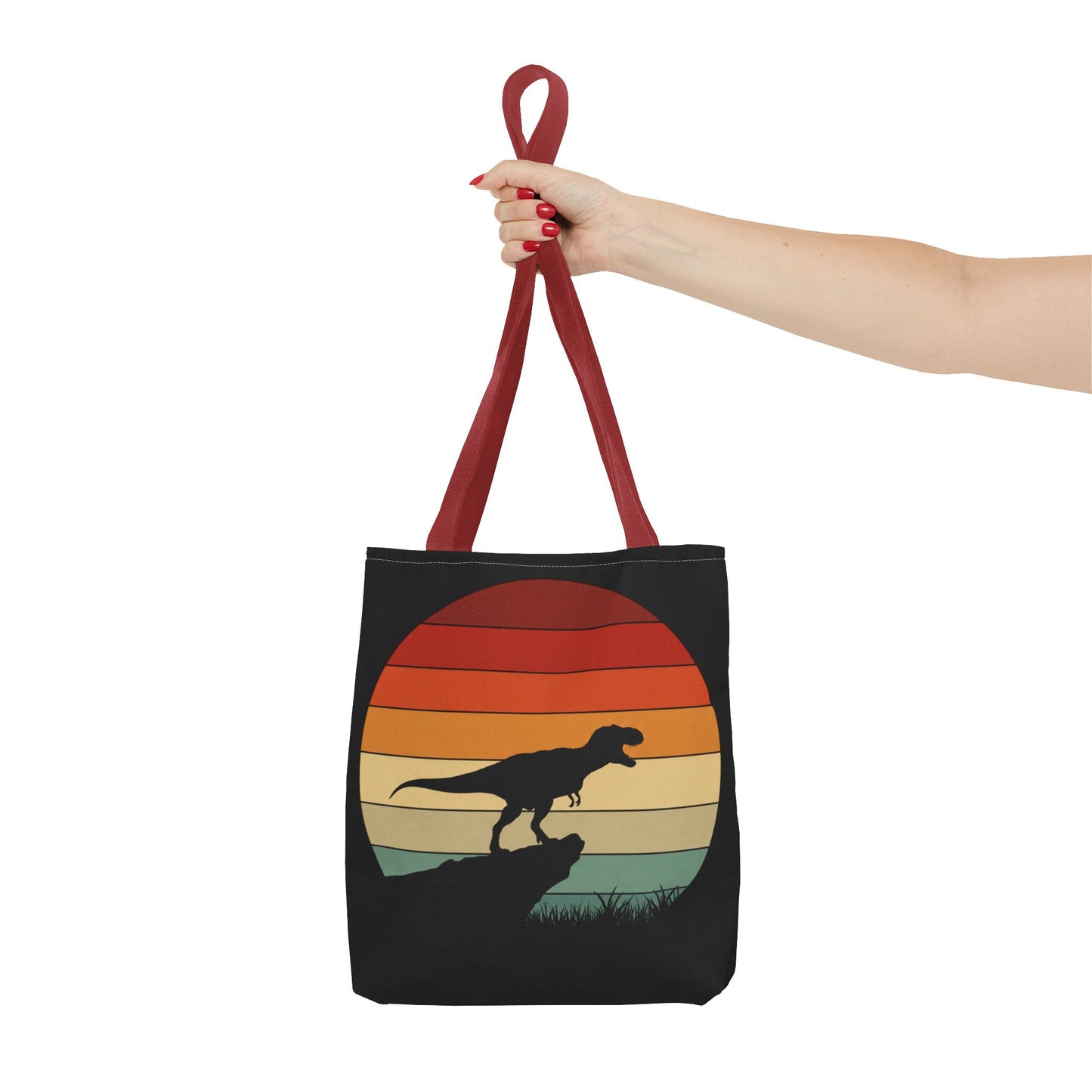 Retro Dinosaur Sunset Tote Bag | AOP Canvas Shopper - Eco Beach Bag for Dino Lovers and Kids, All-Over Print Summer Travel Gift