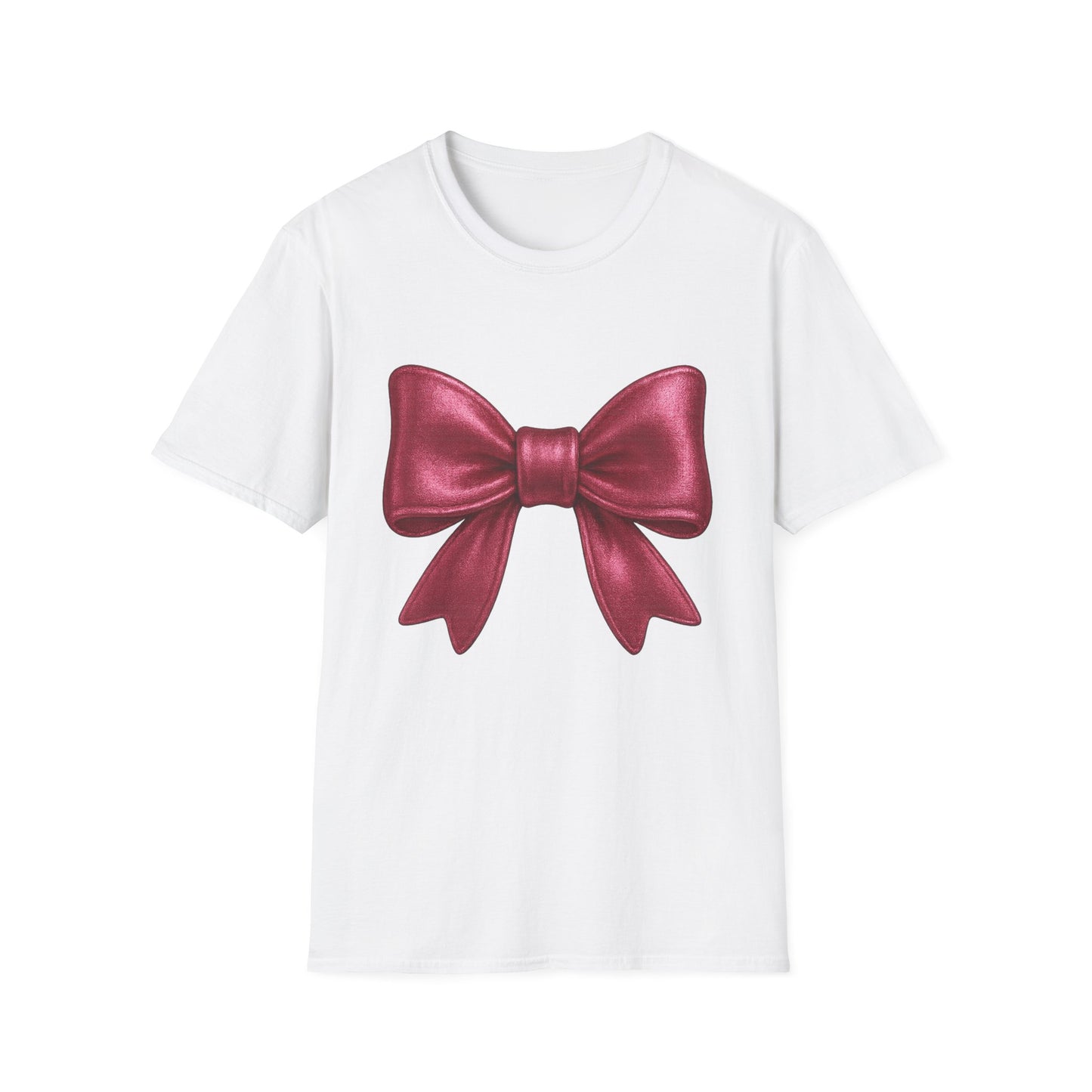 Metallic Burgundy Bow T-Shirt π | Elegant Cute Graphic Tee | Unisex Softstyle Shirt | Gift for Her, Aesthetic Outfit, Celebration Wear