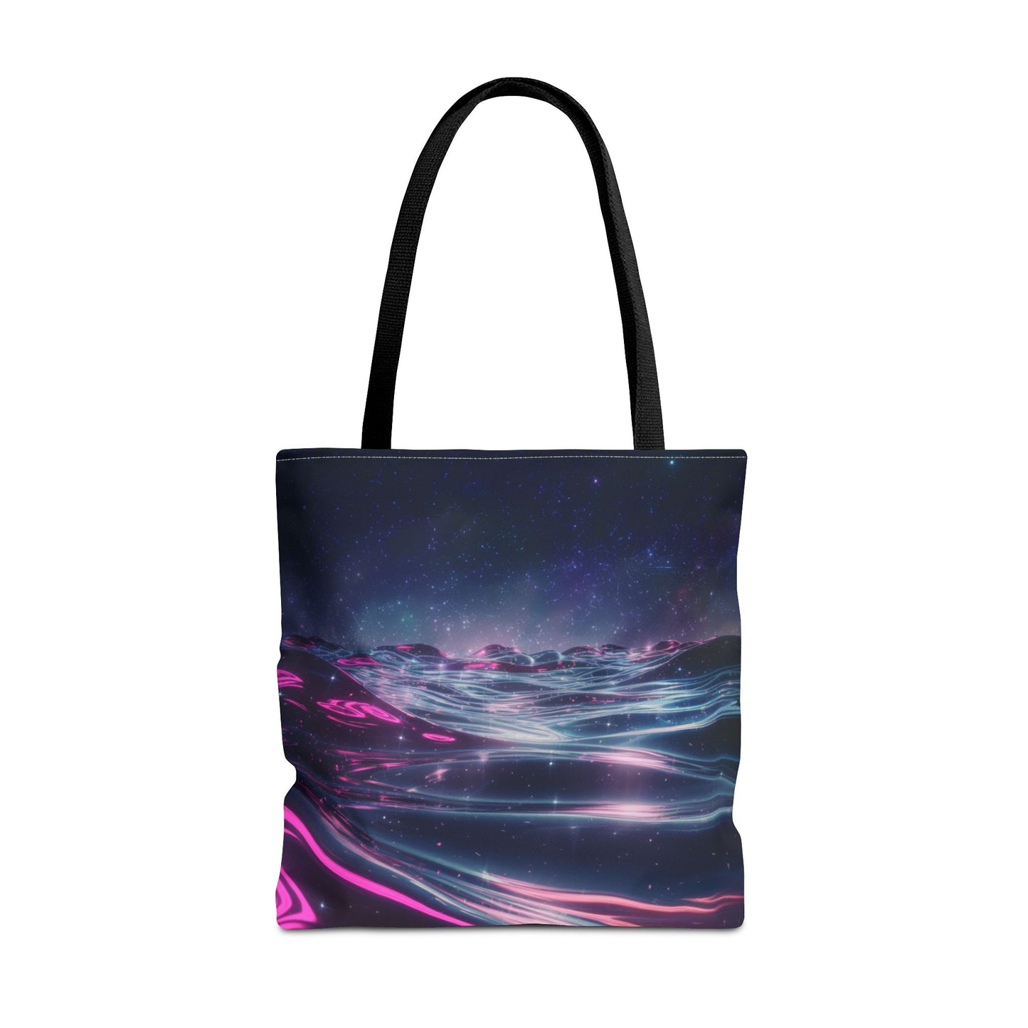 Neon Wave Horizon Tote Bag, Futuristic Ocean Design With Pink And Blue Light, Sci-Fi Aesthetic Reusable Tote For Travel, Gifts, And Everyday Use