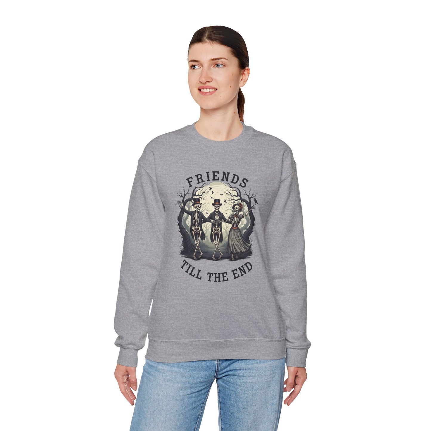 Friends Till The End Skeleton Sweatshirt | Dancing Skeletons Halloween Crewneck | Spooky Fall Graphic Pullover Gift for Bestie