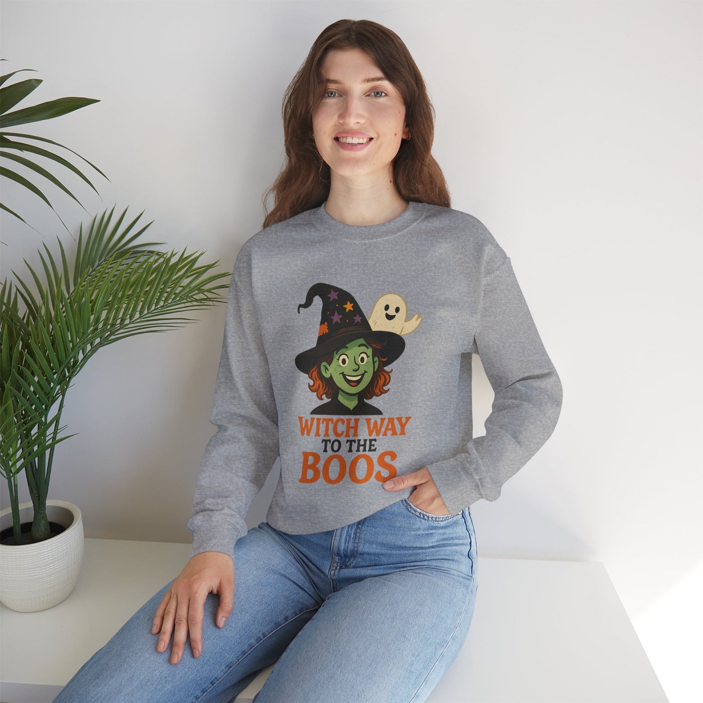 Witch Way To The Boos Sweatshirt, Funny Witch Halloween Crewneck, Witchy Ghost Sweatshirt, Spooky Season Graphic Pullover, Lighthearted Halloween Wear