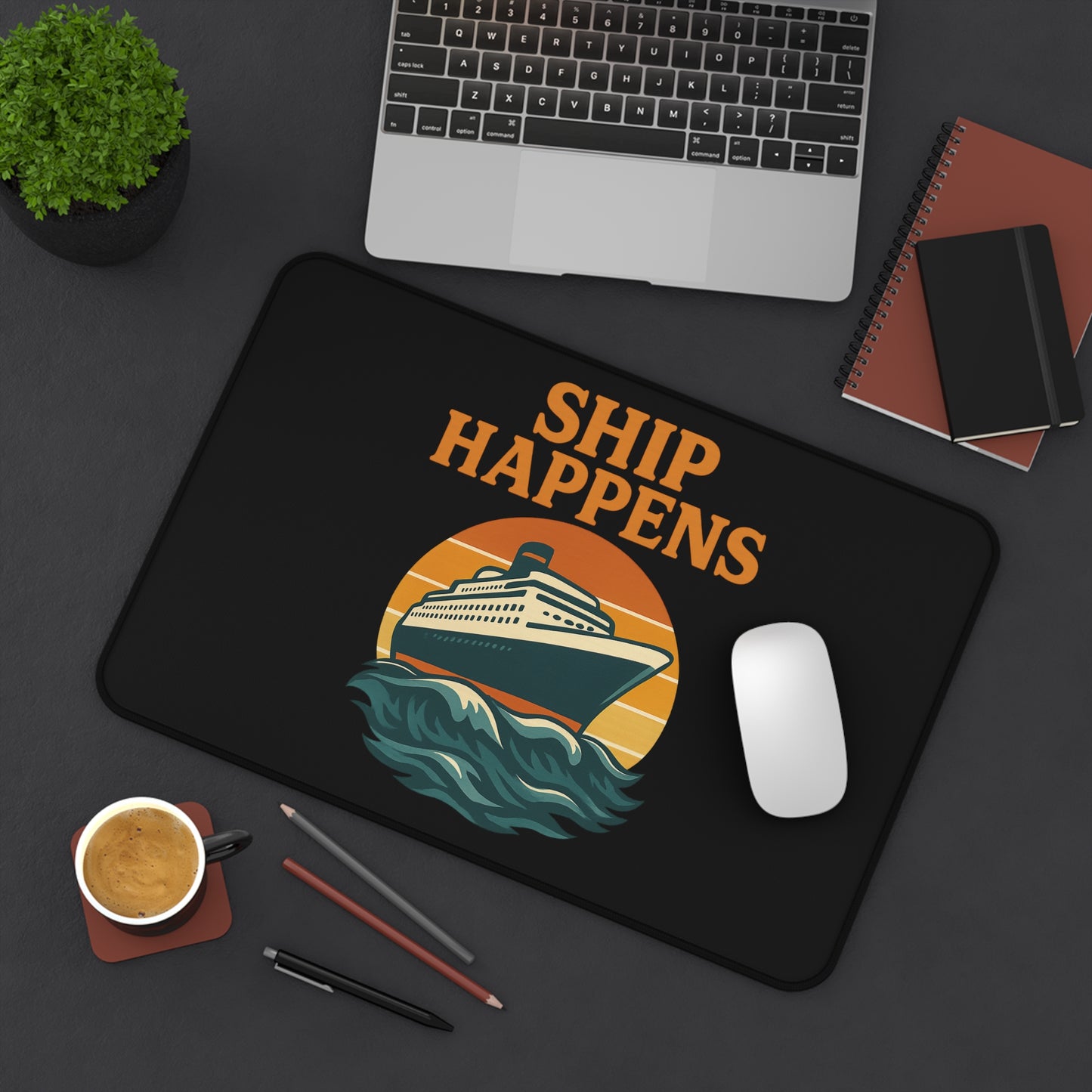 Desk Mat - Ship Happens Cruise Ship Sunset Mouse Pad Gift for Travel Lovers Cruise Accessory Nautical Decor
