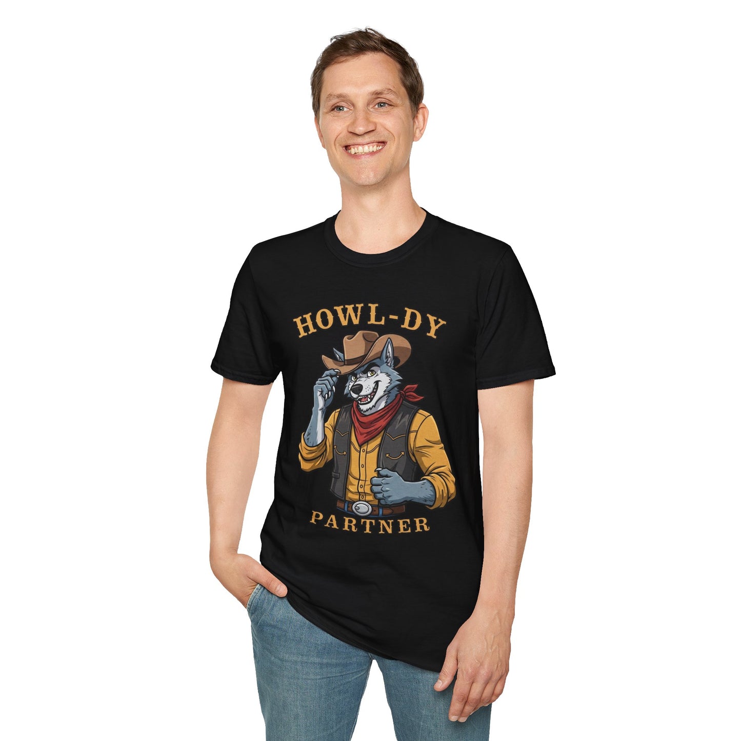 Howl-dy Partner Wolf Cowboy T-Shirt | Western Howling Wolf Graphic Tee, Funny Animal Shirt, Cowboy Gifts, Rustic Country Tee