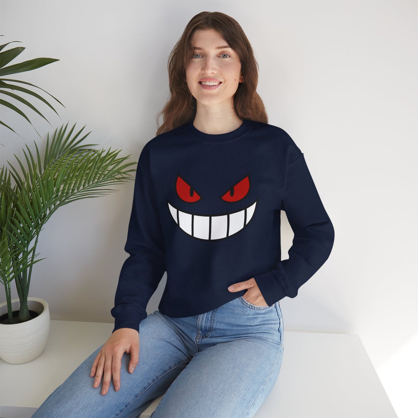 Evil Grin Sweatshirt, Creepy Skull Face Crewneck, Spooky Halloween Pullover, Dark Grinning Ghost Tee, Unisex Scary Smile Sweatshirt