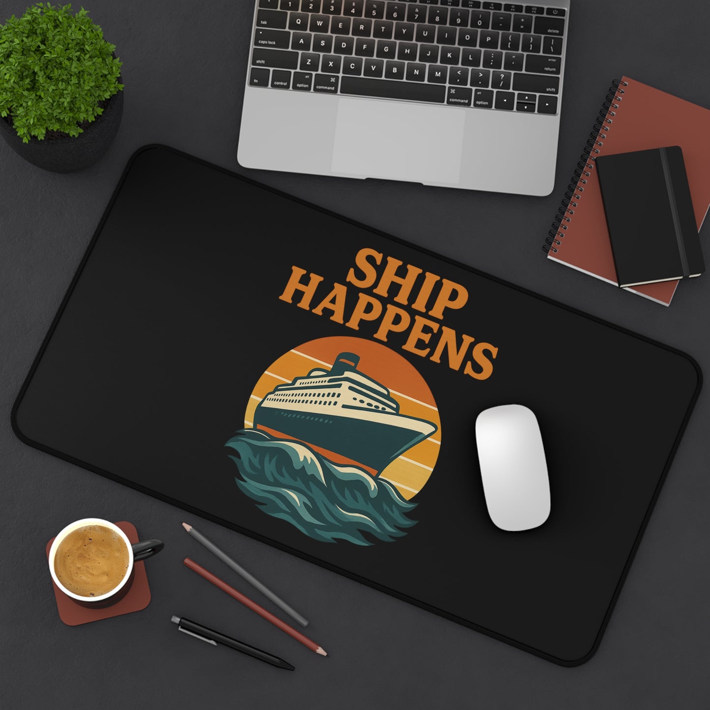 Desk Mat - Ship Happens Cruise Ship Sunset Mouse Pad Gift for Travel Lovers Cruise Accessory Nautical Decor