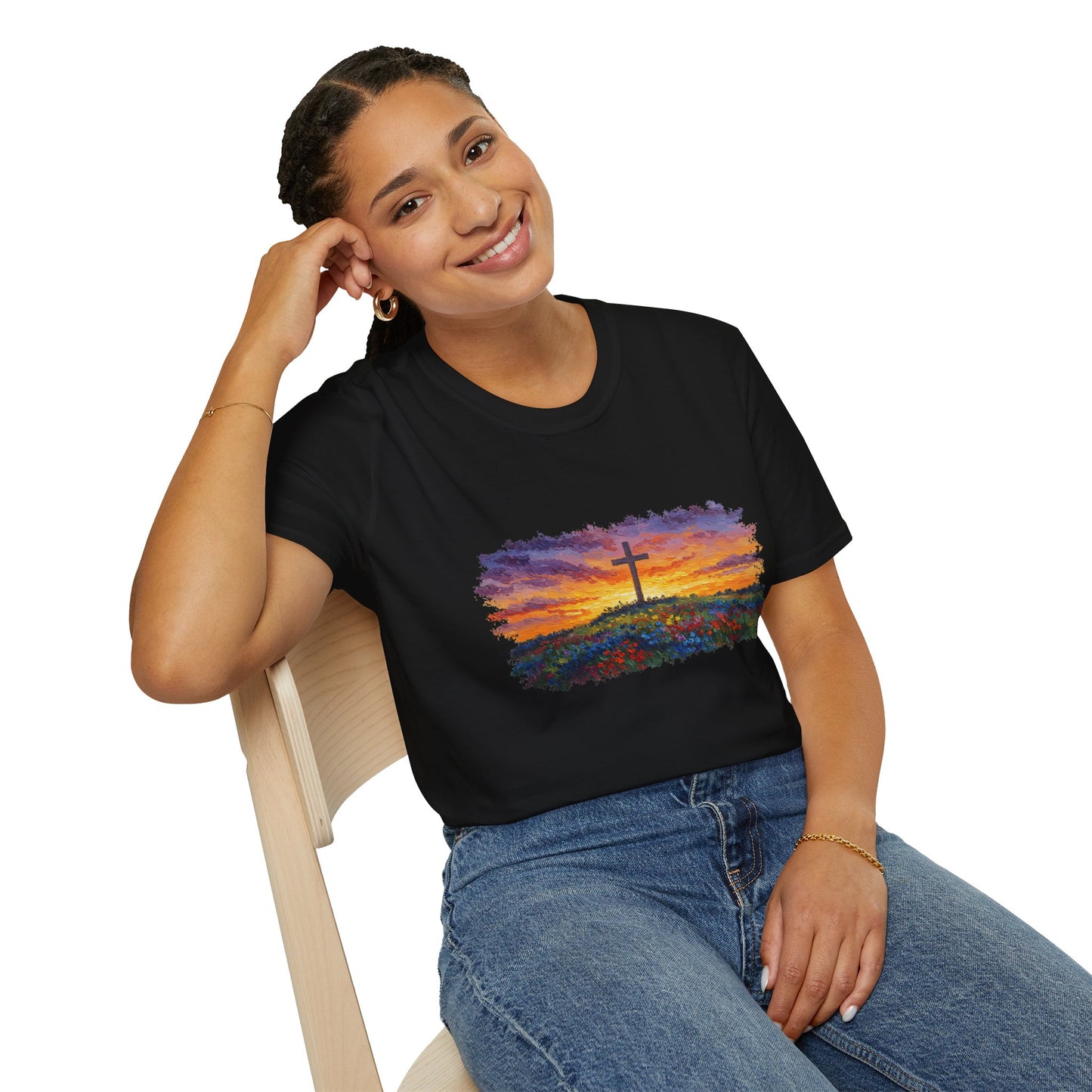 Van Gogh-Style Cross Sunset T-Shirt | Christian Faith Tee, Impressionist Nature Cross Shirt, Sunset Religious Art, Faith & Landscape Gift