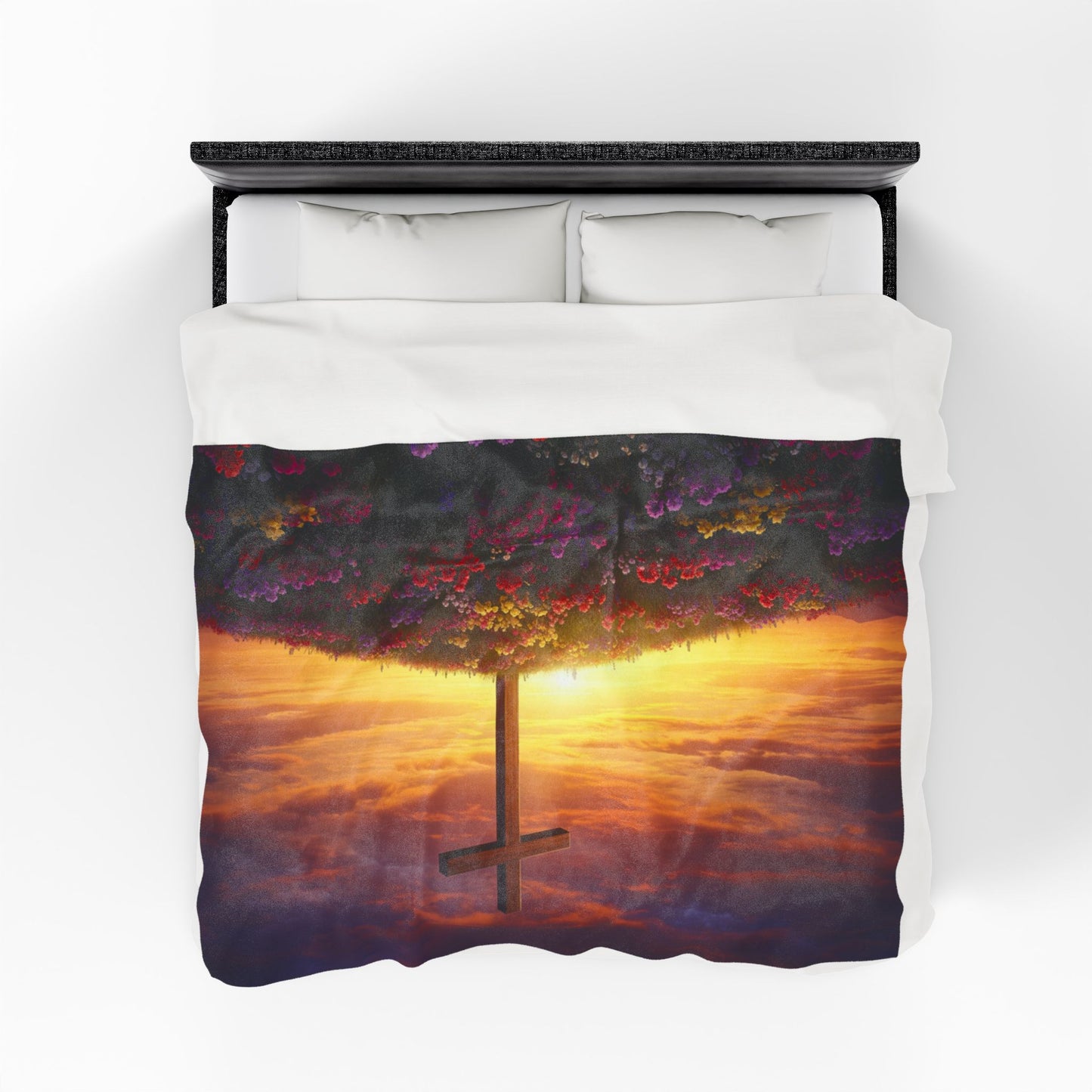 Velveteen Plush Blanket DaVinci Style Cross Hill Painting Christian Blanket Spiritual Decor Religious Throw Gift for Believers