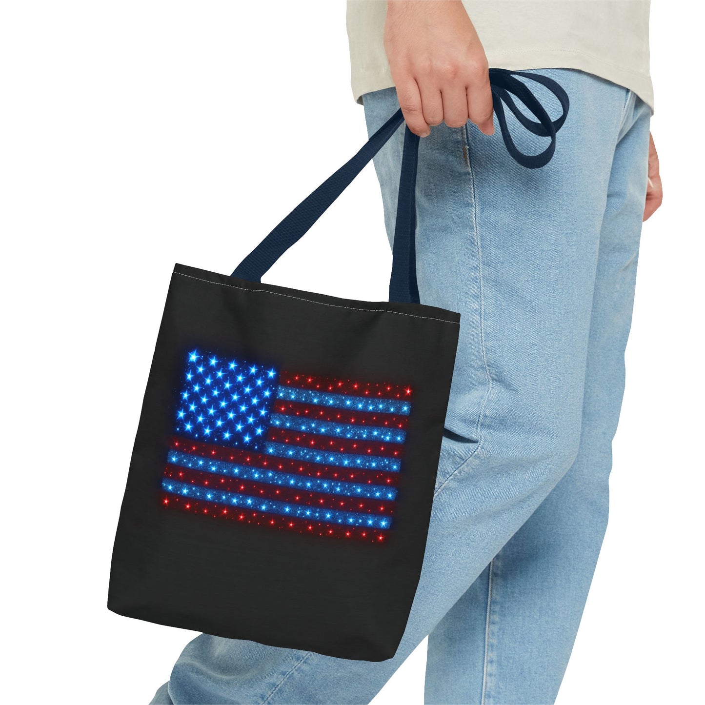 Galaxy Bioluminescent USA Flag Tote Bag - Patriotic Cosmic Canvas Shopper - Starry Red White Blue Tote Non-Glow - 4th July Gift