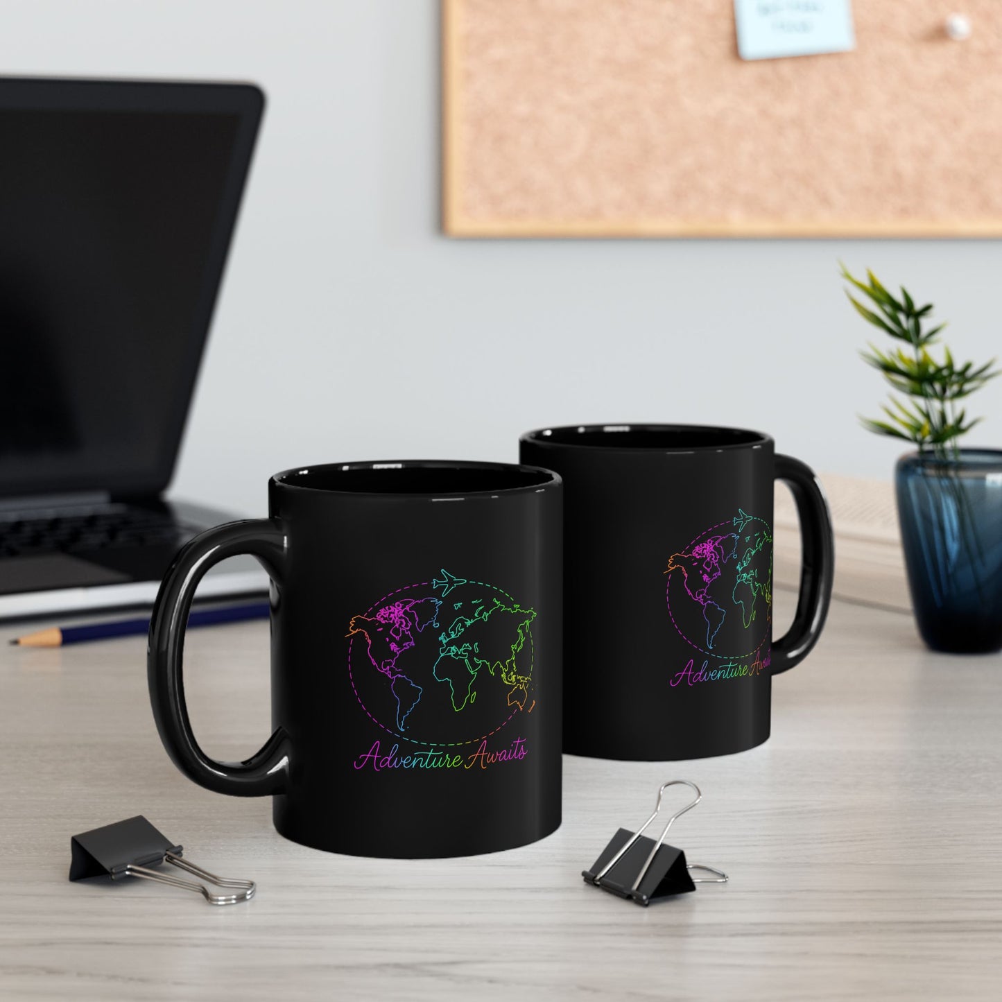 Adventure Awaits Neon Line Mug - Y2K Travel Coffee Cup - Rainbow World Map, Plane Design Ceramic Gift for Wanderlusters