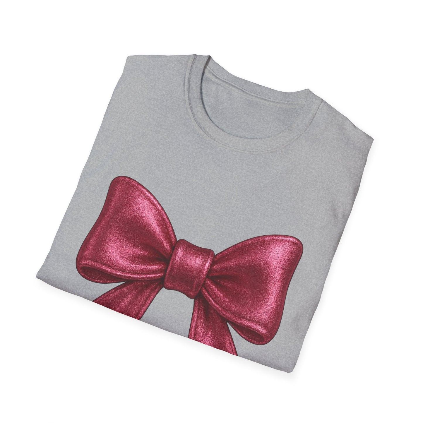 Metallic Burgundy Bow T-Shirt π | Elegant Cute Graphic Tee | Unisex Softstyle Shirt | Gift for Her, Aesthetic Outfit, Celebration Wear