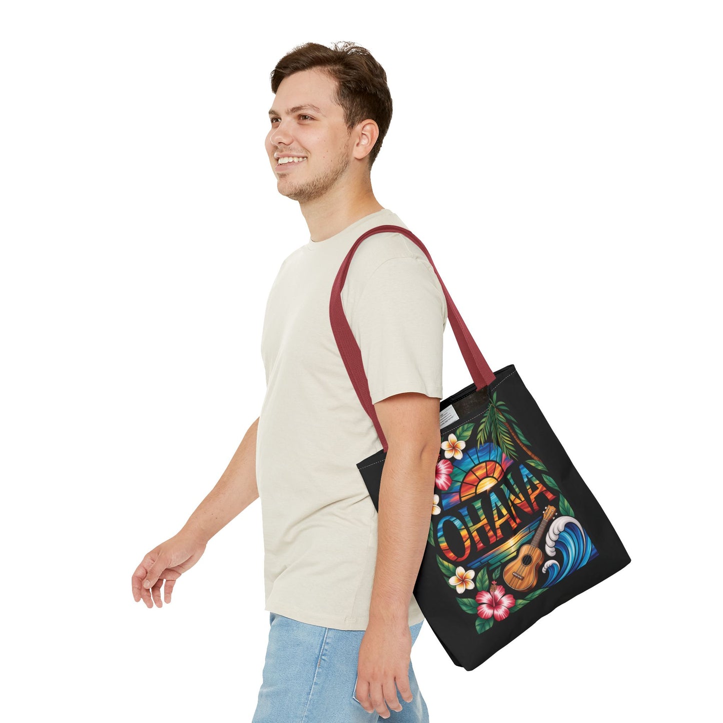 Ohana Tote Bag – Hawaiian Tropical Beach Bag with Ukulele, Sunset & Hibiscus Flowers, Island Gift for Women, Aloha Family Vibes
