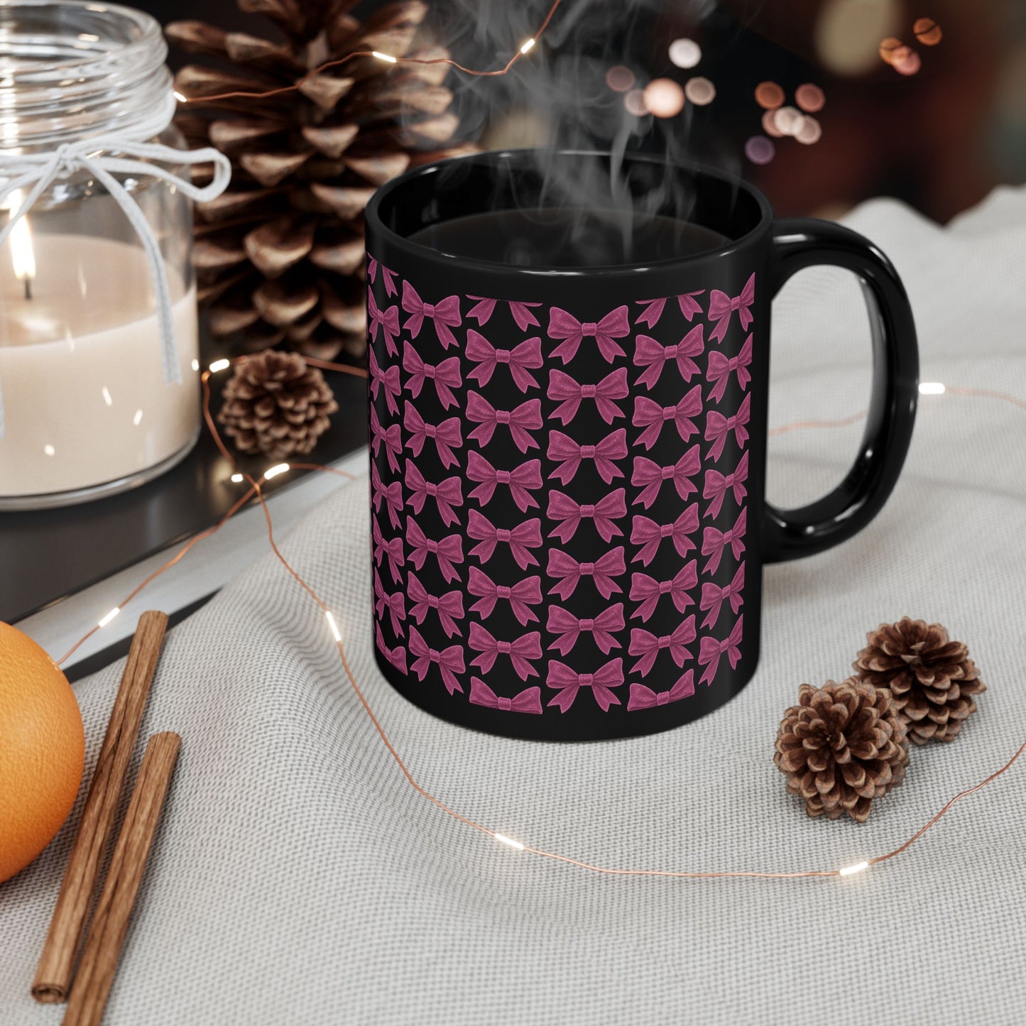 Mug with Sparkling Pink Bow Pattern Feminine Cup Unique Decor Black Pink Kitchen Mug