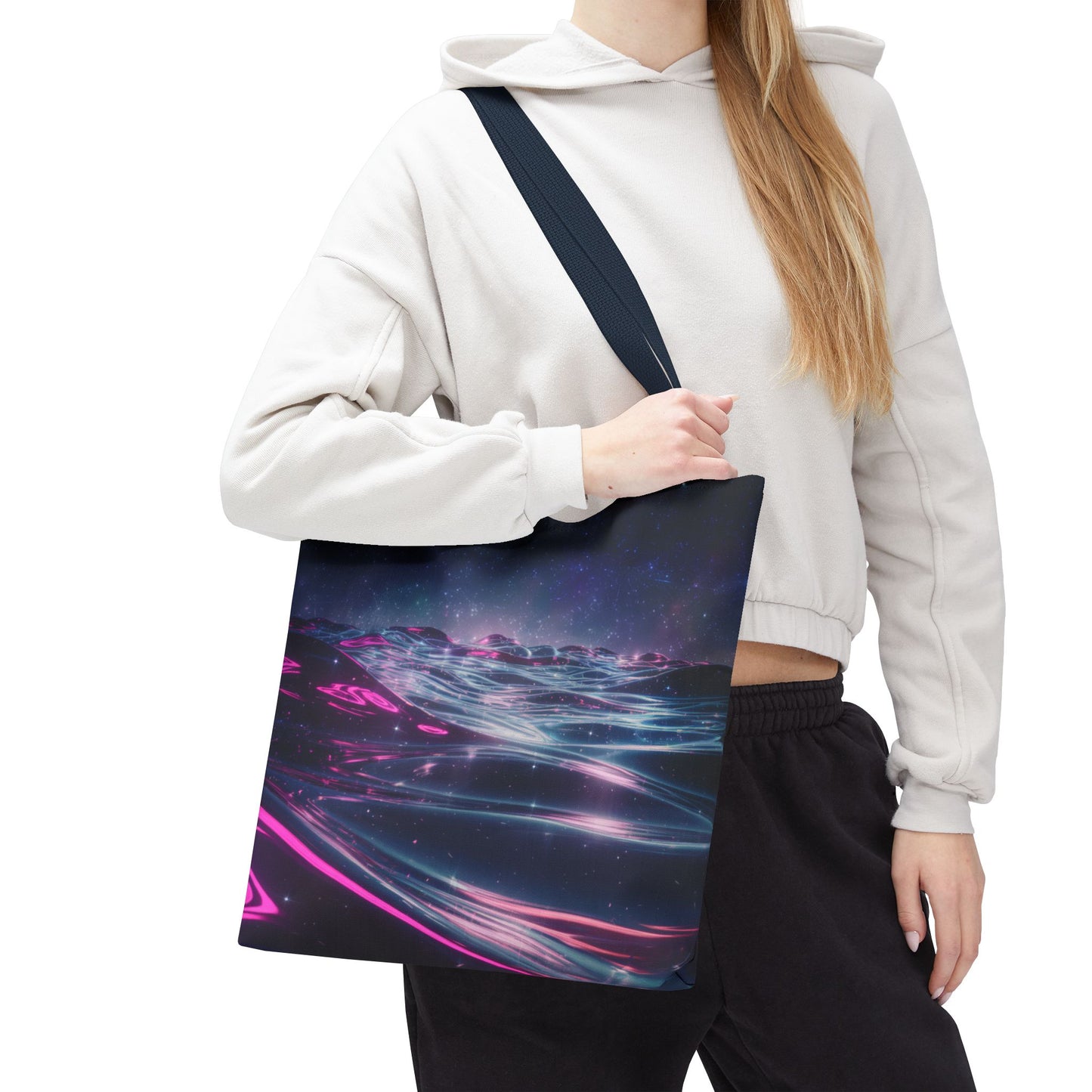 Neon Wave Horizon Tote Bag, Futuristic Ocean Design With Pink And Blue Light, Sci-Fi Aesthetic Reusable Tote For Travel, Gifts, And Everyday Use