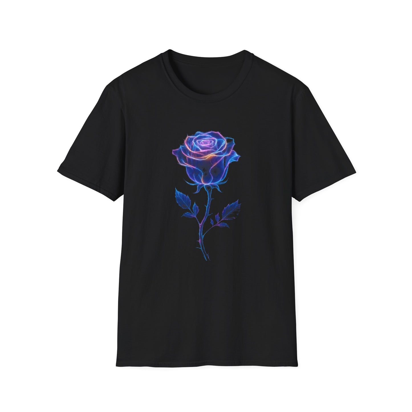 neon rose t-shirt, glowing rose tee, floral graphic shirt, neon flower design, botanical t-shirt, glow aesthetic top, trendy rose apparel