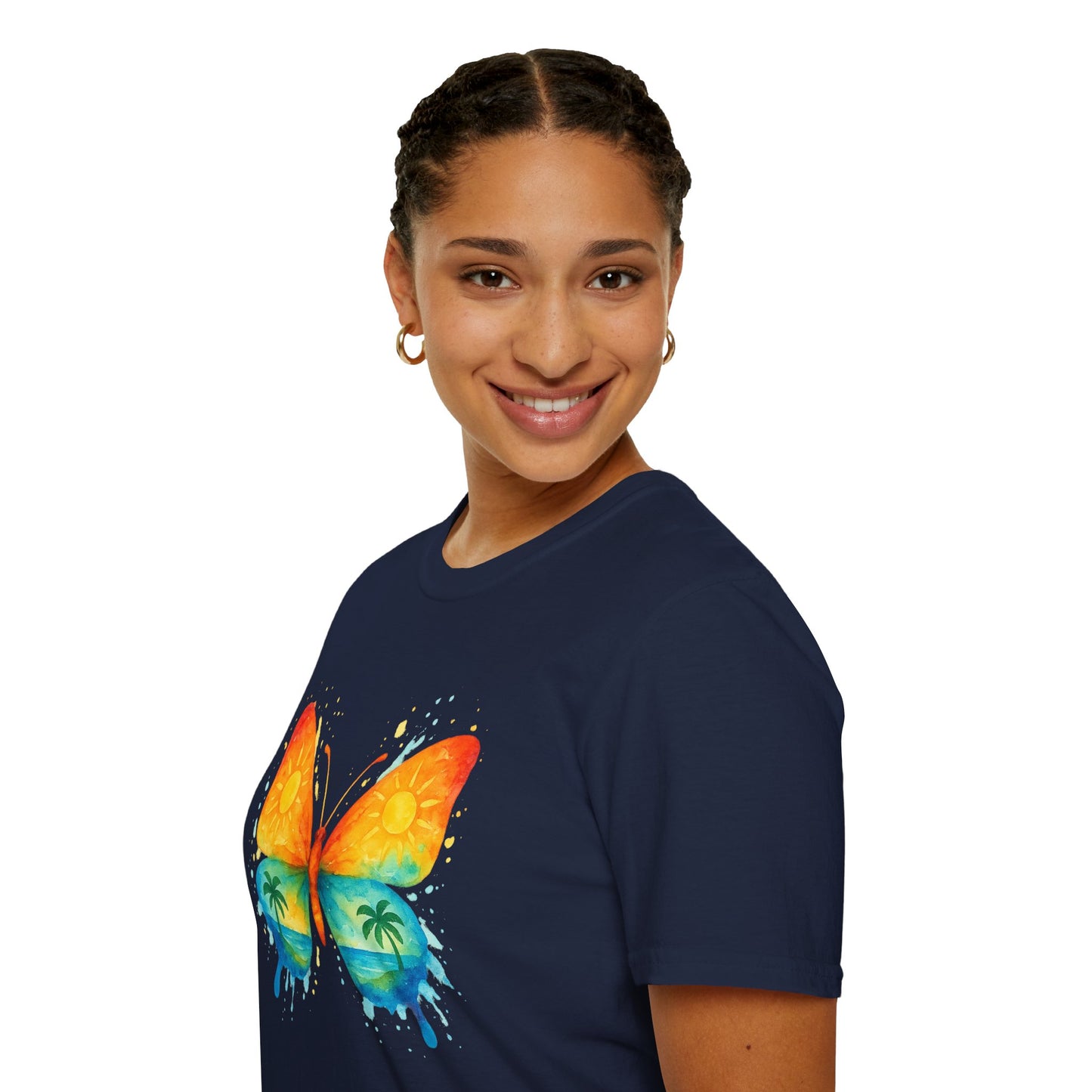 Butterfly Sunset Beach Tee - Ocean & Palm Watercolor Butterfly T-Shirt, Coastal Boho Graphic, Nature Lover Gift, Unisex Casual Tee