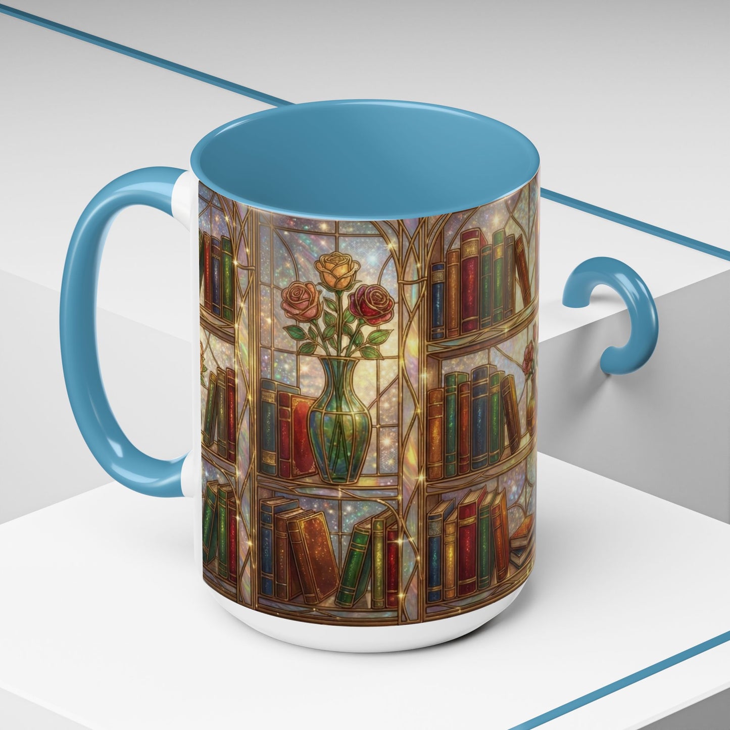 Stained Glass Books Mug, Book Lover Coffee Mug, Cozy Library Mug, Bookish Gift For Readers, Dark Academia Mug, Floral Bookshelf Cup