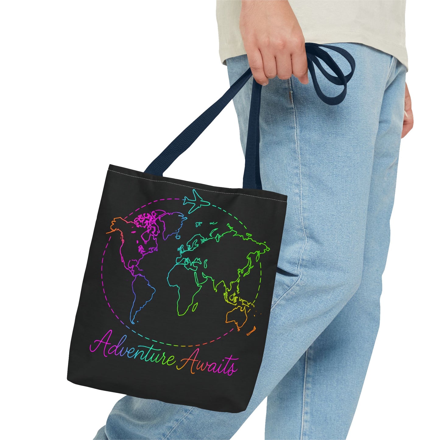 Adventure Awaits Neon Tote Bag - Y2K Rainbow World Map and Plane Travel Tote, Reusable Canvas Tote for Airport, Beach, Market + Gift