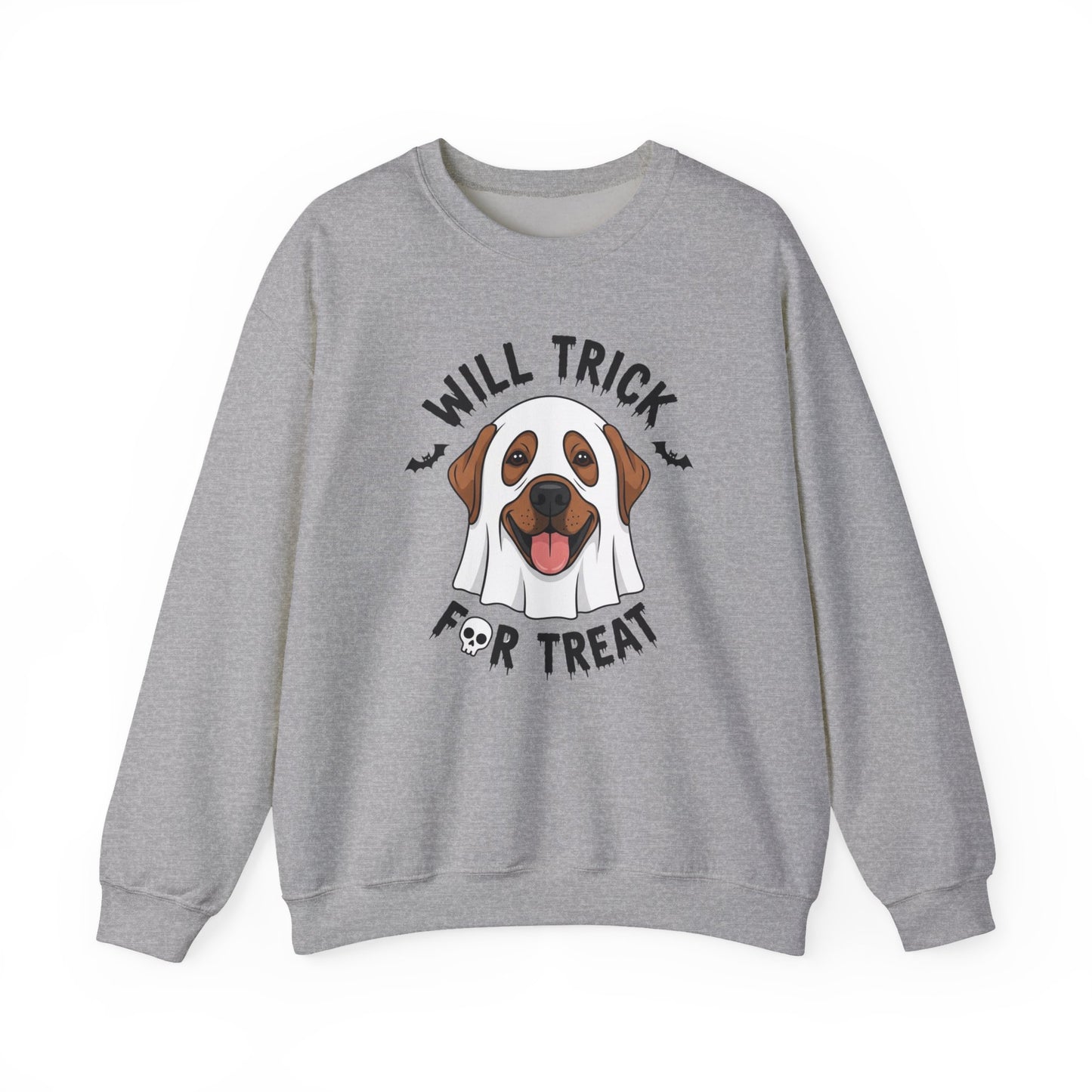 Will Trick for Treat Sweatshirt, Ghost Dog Halloween Crewneck, Funny Pet Costume Graphic Pullover, Trick-or-Treat Dog Lover Gift Sweater