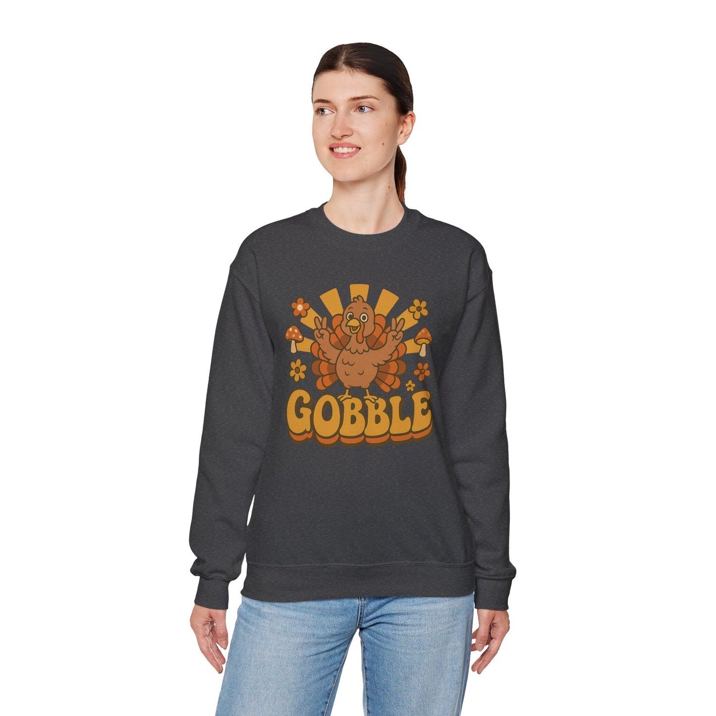 Gobble Turkey Sweatshirt, Retro Fall Turkey Crewneck, Thanksgiving Graphic Pullover, Autumn Mushroom & Flower Design, Cozy Fall Top