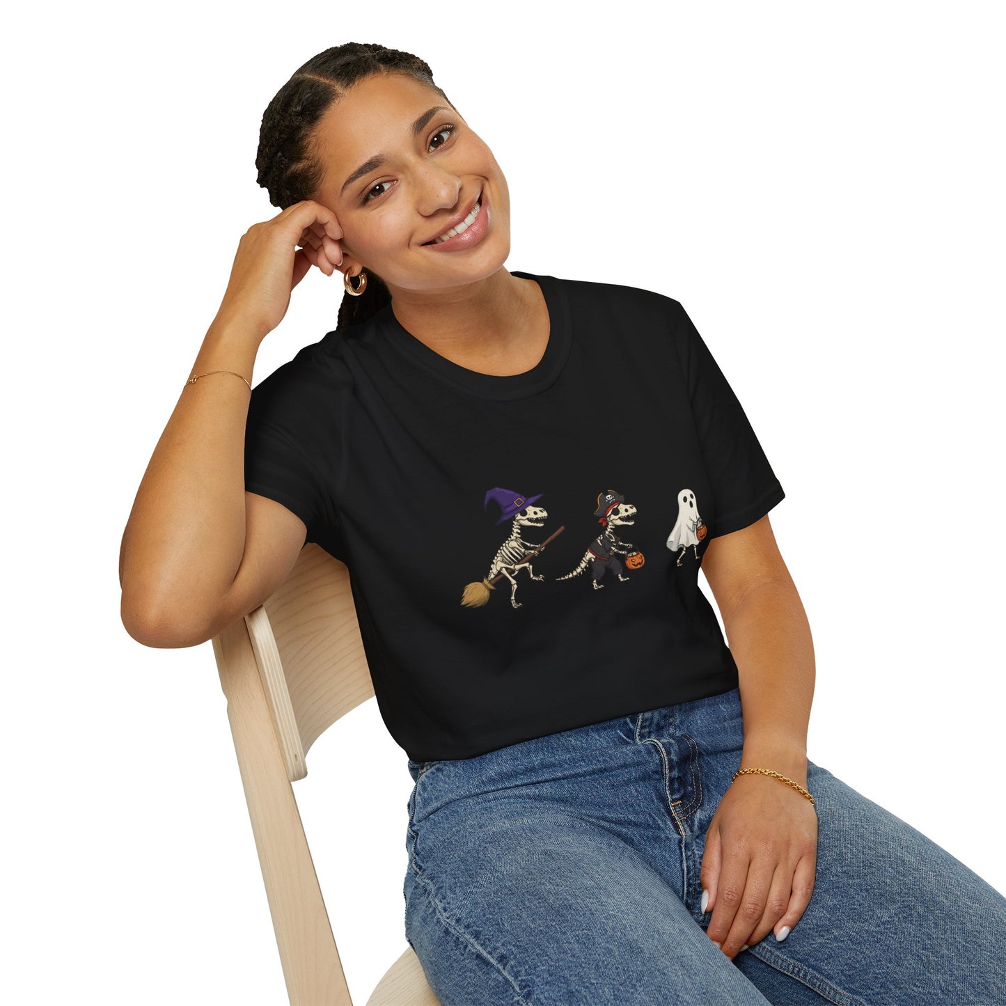 Halloween Dinosaur Skeleton Shirt - Trick-or-Treat Dino Tee, Funny T-Rex Ghost and Witch Costume Shirt, Spooky Cute Skeleton Tee, Unisex