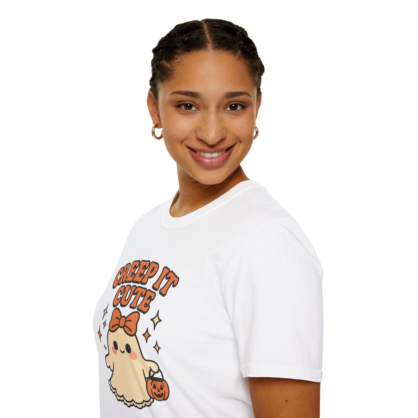 Creep It Cute Ghost Halloween Shirt - Kawaii Ghost Tee with Bow and Pumpkin, Spooky-Cute Fall Graphic T-Shirt, Spooky Season Halloween Top