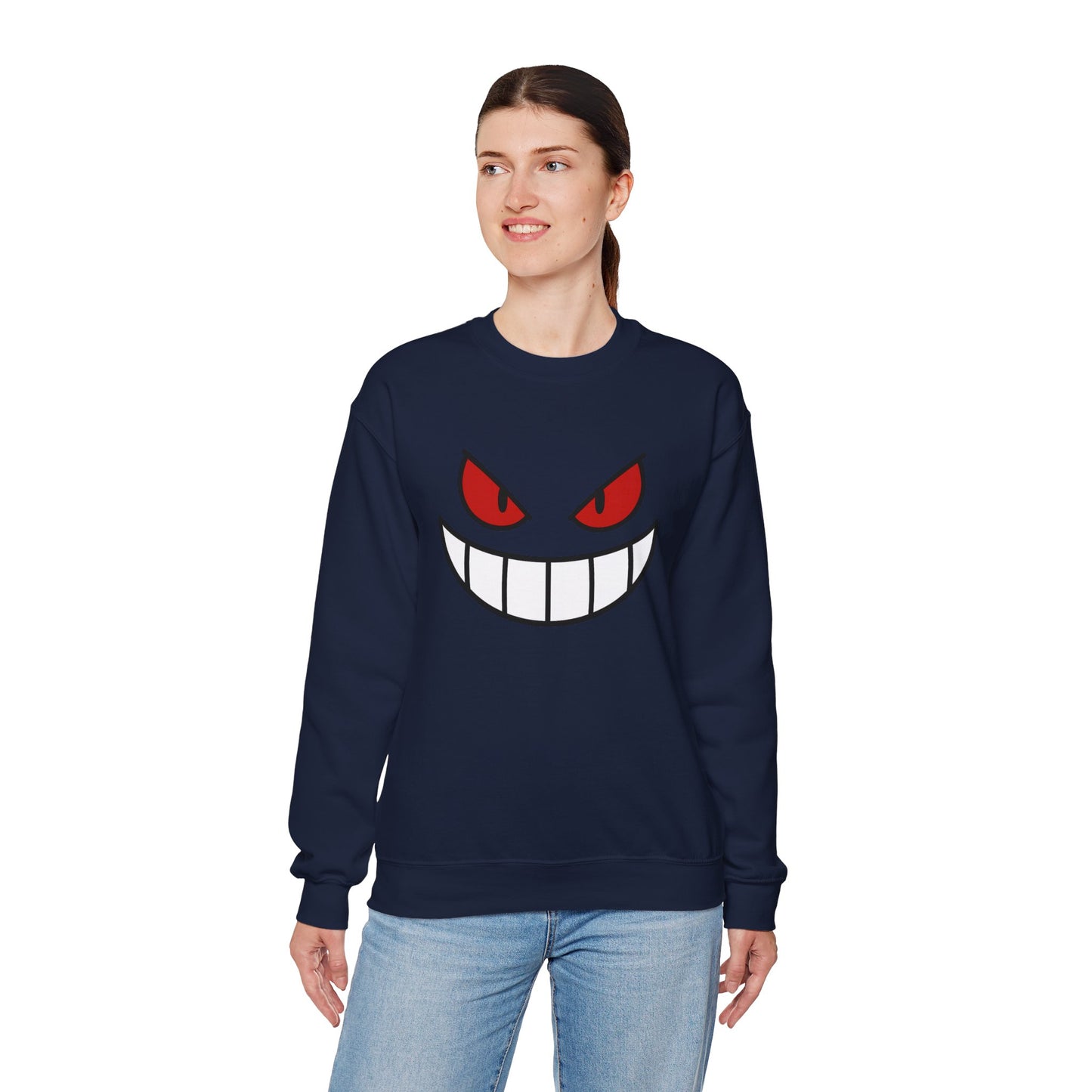Evil Grin Sweatshirt, Creepy Skull Face Crewneck, Spooky Halloween Pullover, Dark Grinning Ghost Tee, Unisex Scary Smile Sweatshirt