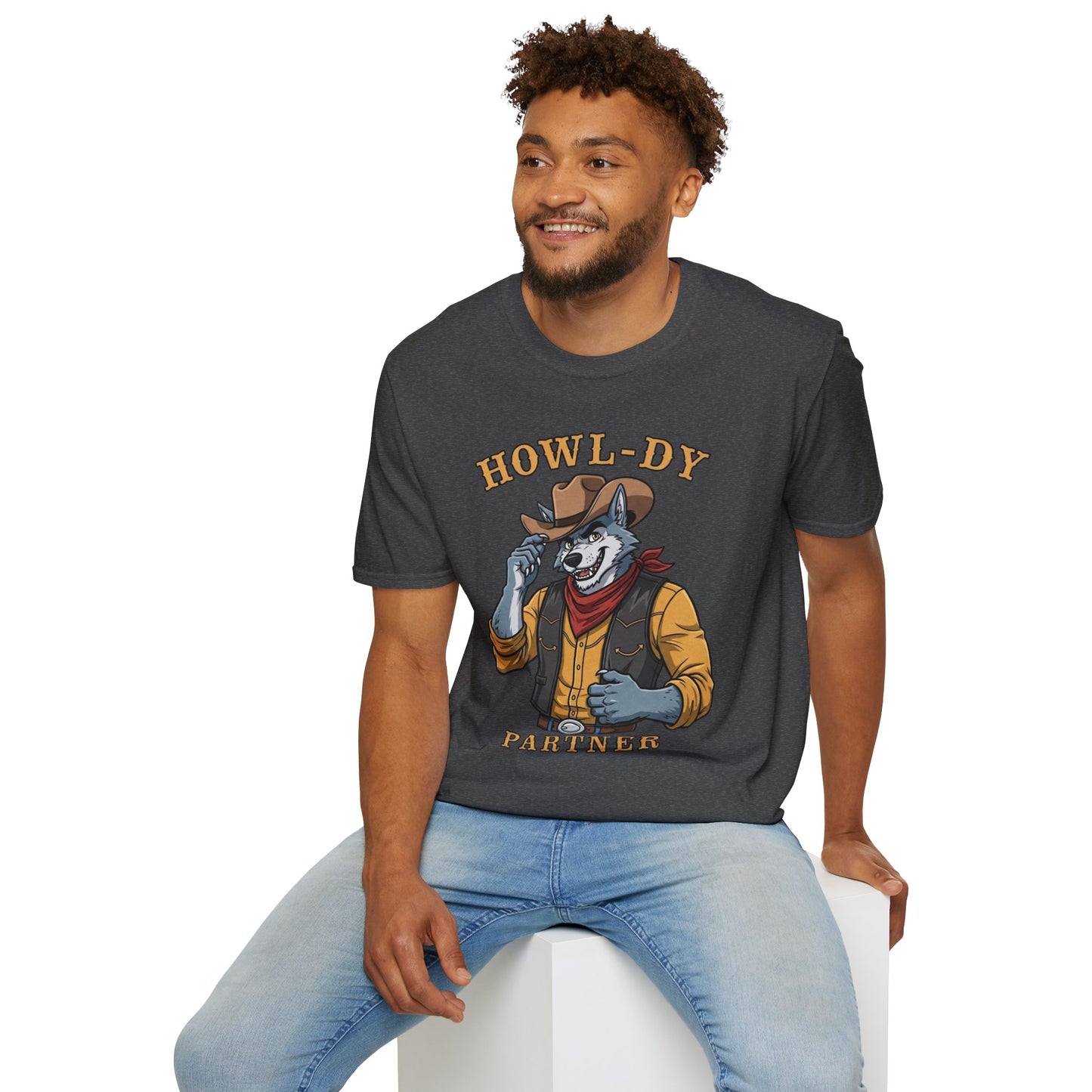 Howl-dy Partner Wolf Cowboy T-Shirt | Western Howling Wolf Graphic Tee, Funny Animal Shirt, Cowboy Gifts, Rustic Country Tee