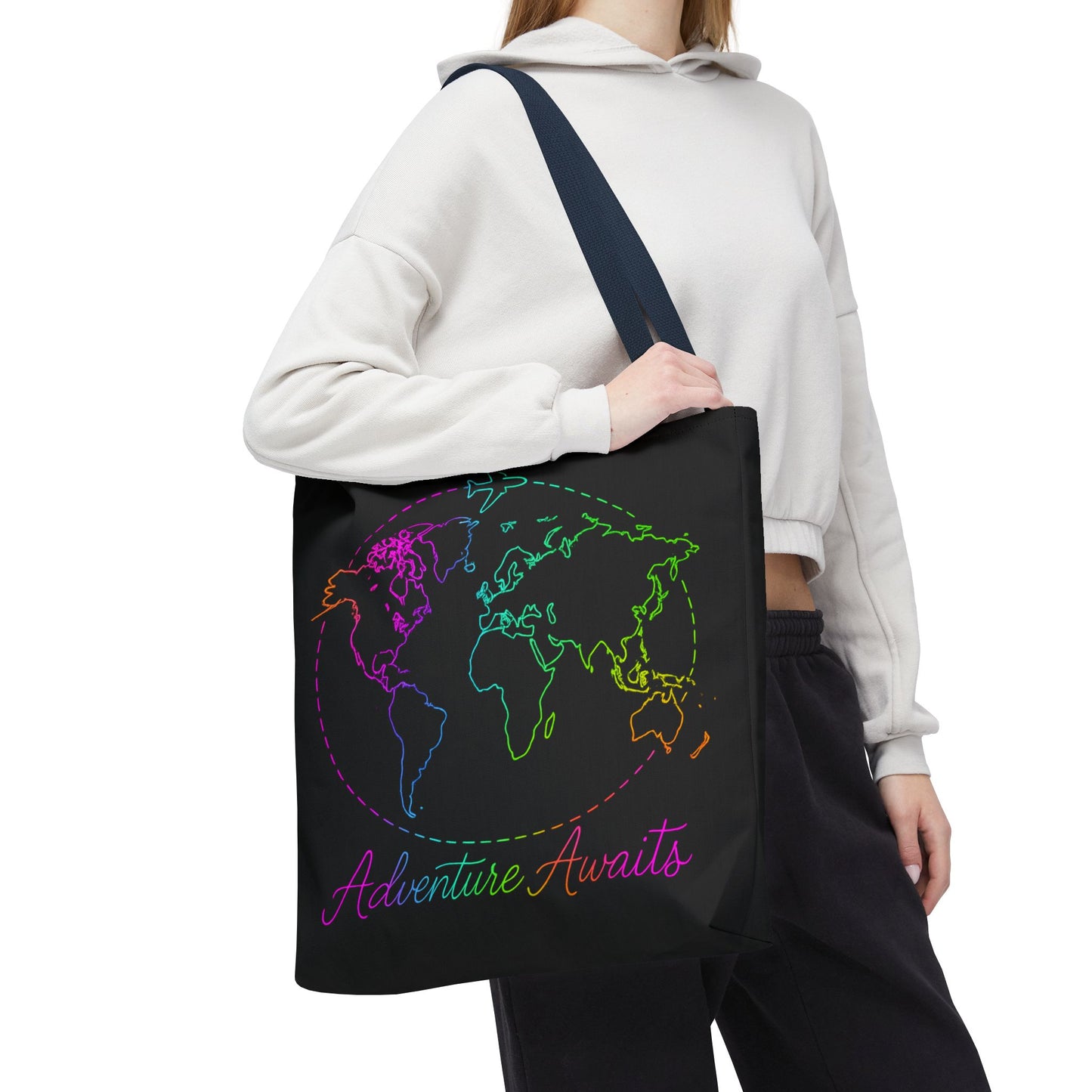 Adventure Awaits Neon Tote Bag - Y2K Rainbow World Map and Plane Travel Tote, Reusable Canvas Tote for Airport, Beach, Market + Gift
