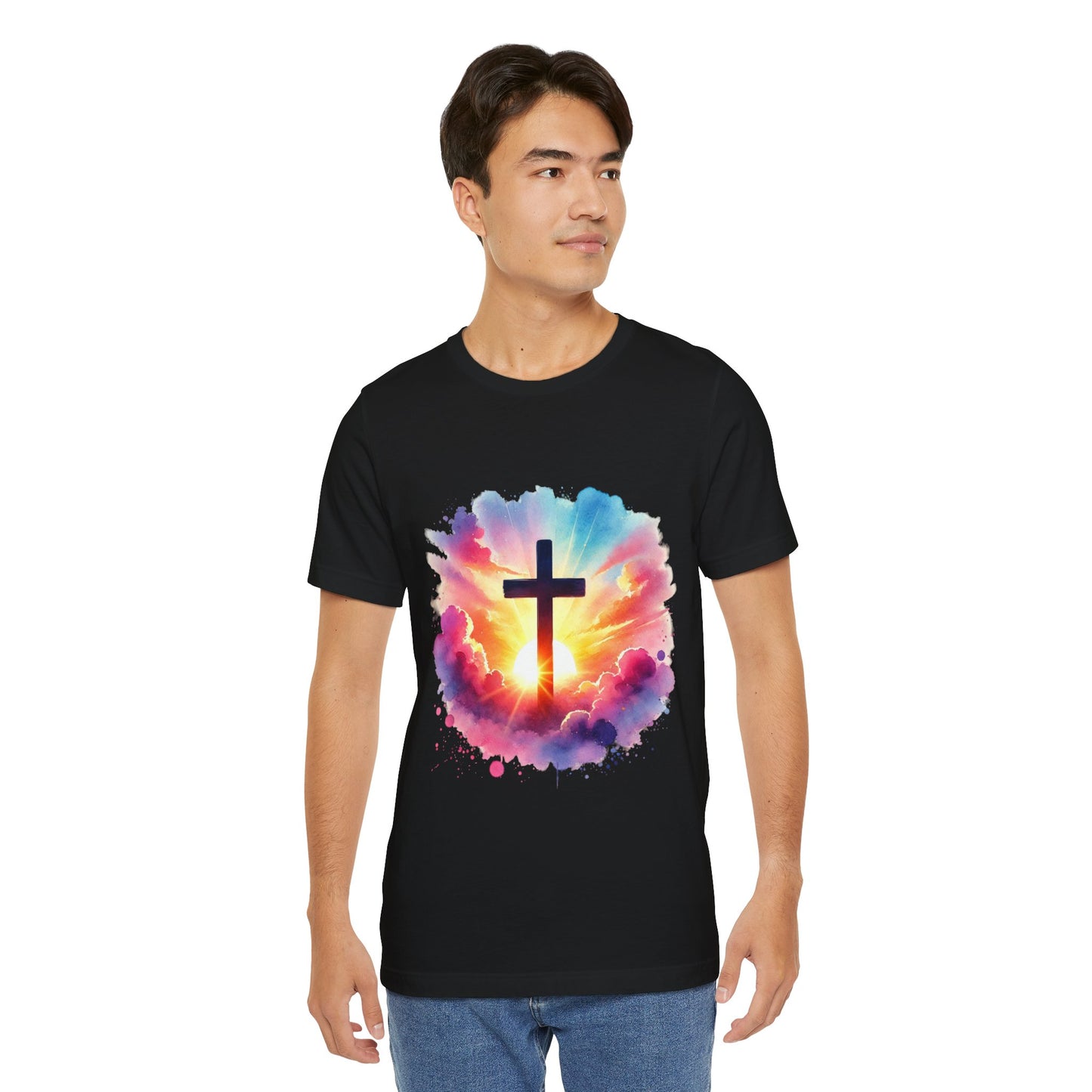 Faith Cross Sunburst Christian Tee | Inspirational Christian T-Shirt | Colorful Sunrise Cross Shirt | Faith Gifts for Women Men