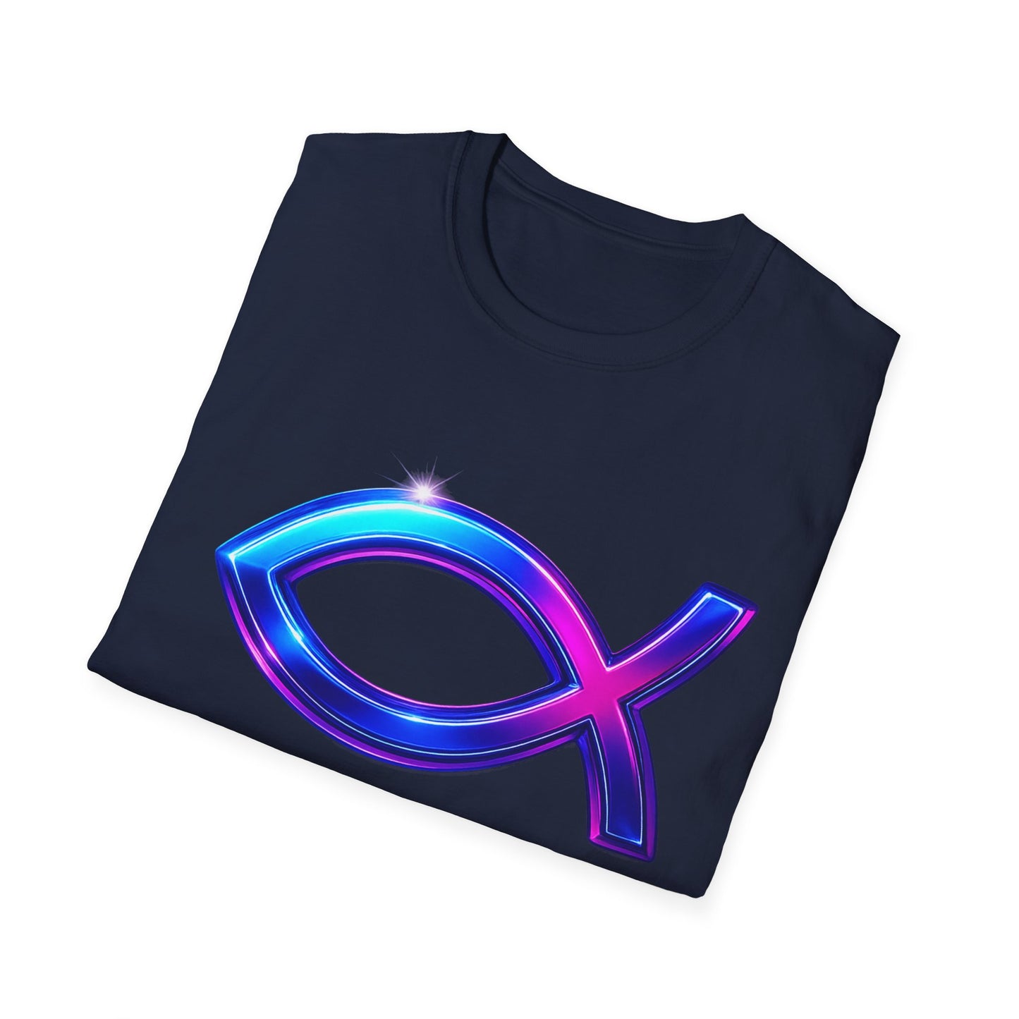 Neon Christian Fish T-Shirt, Modern Faith Tee, Ichthys Jesus Shirt, Spiritual Gift For Men And Women, Glow Cross Symbol Graphic Tee