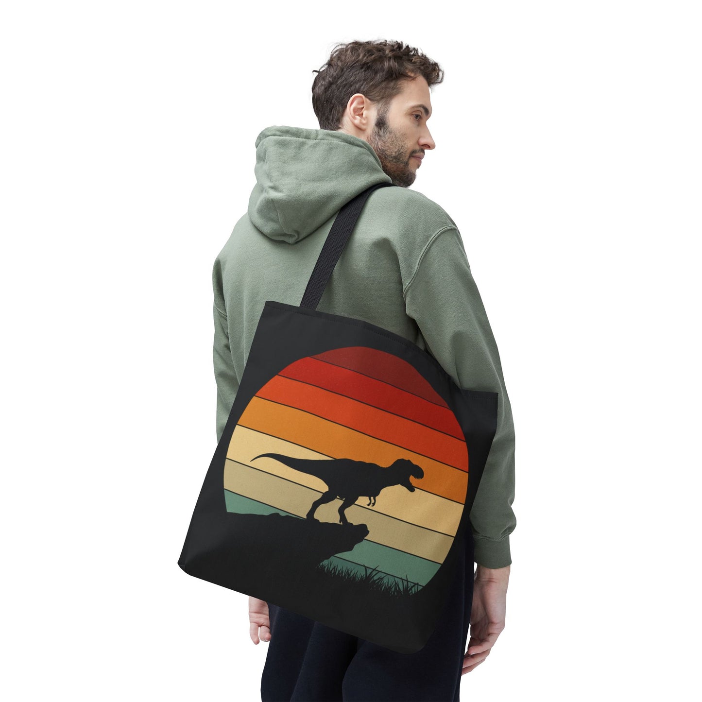 Retro Dinosaur Sunset Tote Bag | AOP Canvas Shopper - Eco Beach Bag for Dino Lovers and Kids, All-Over Print Summer Travel Gift