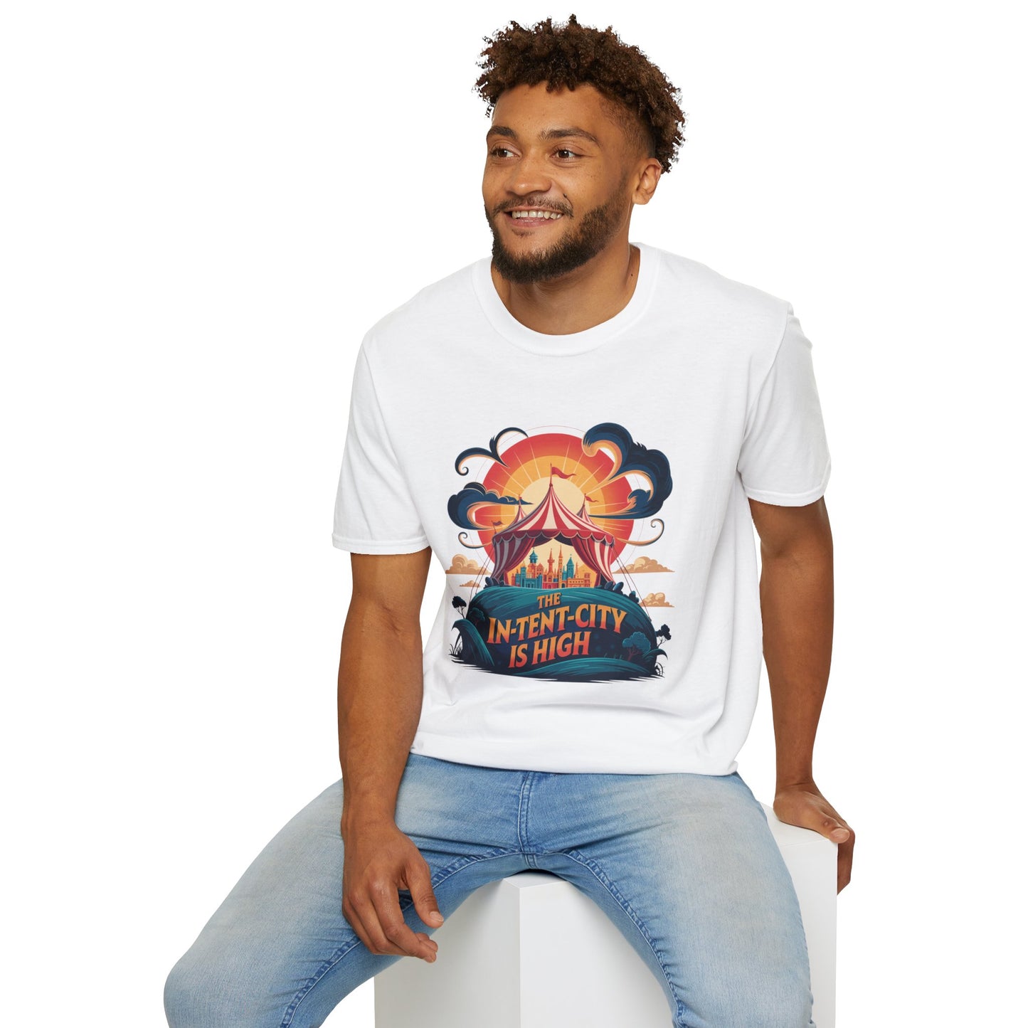 In-Tent-City Is High Retro Camp T-Shirt | Vintage Circus Tent + Cityscape Graphic | Funny Outdoors Urban Adventure Tee | Unisex Camper Shirt