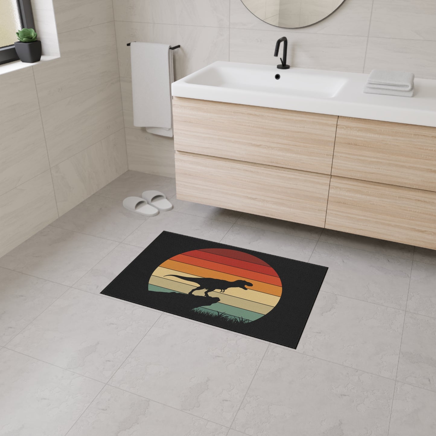 Retro T-Rex Sunset Floor Mat | Heavy Duty Playroom Rug - Non-Slip Dinosaur Entrance Mat for Kids Room, Home, Nursery Decor