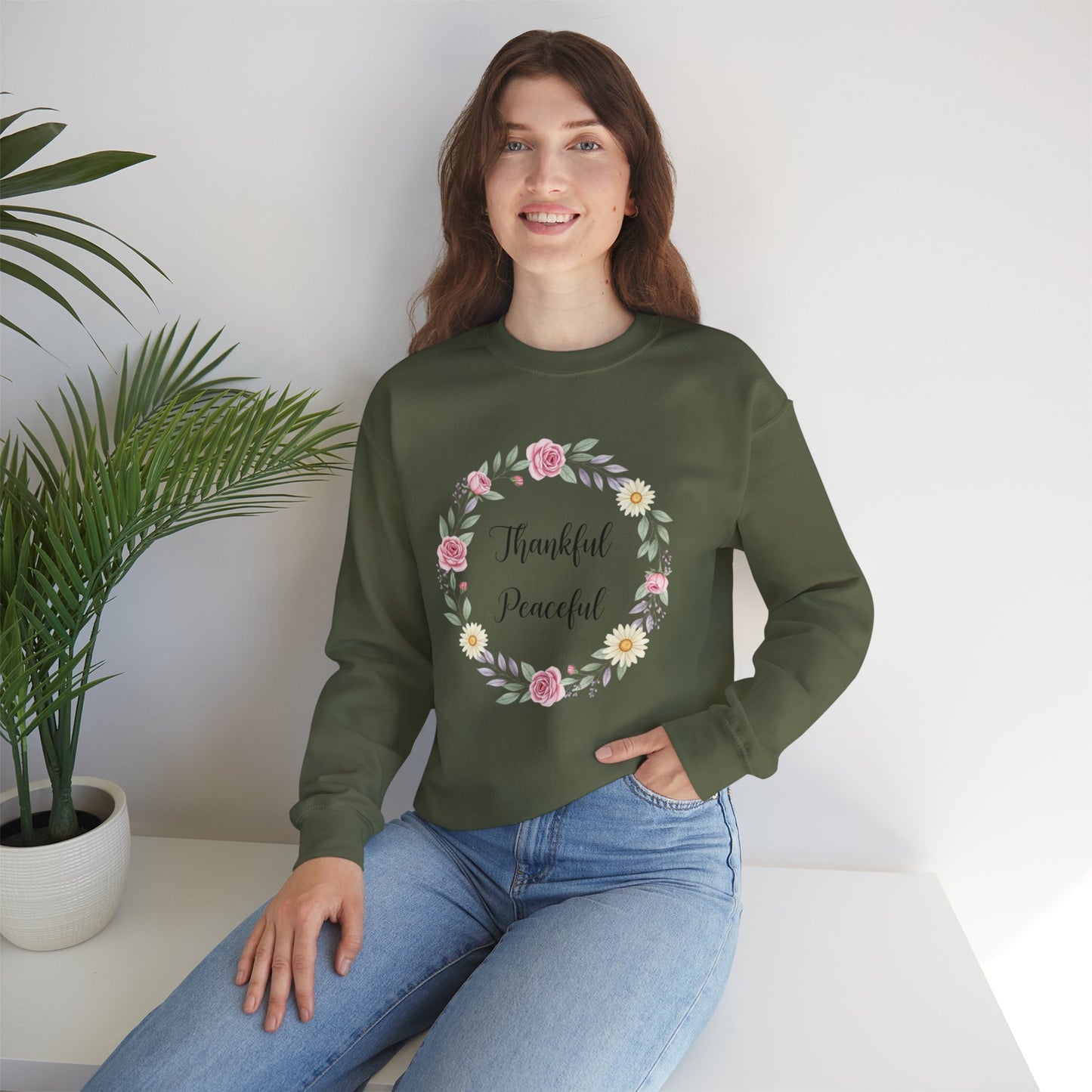 Thankful Peaceful Sweatshirt, Floral Wreath Crewneck, Inspirational Quote Sweater, Positive Message Pullover, Uplifting Gift For Women