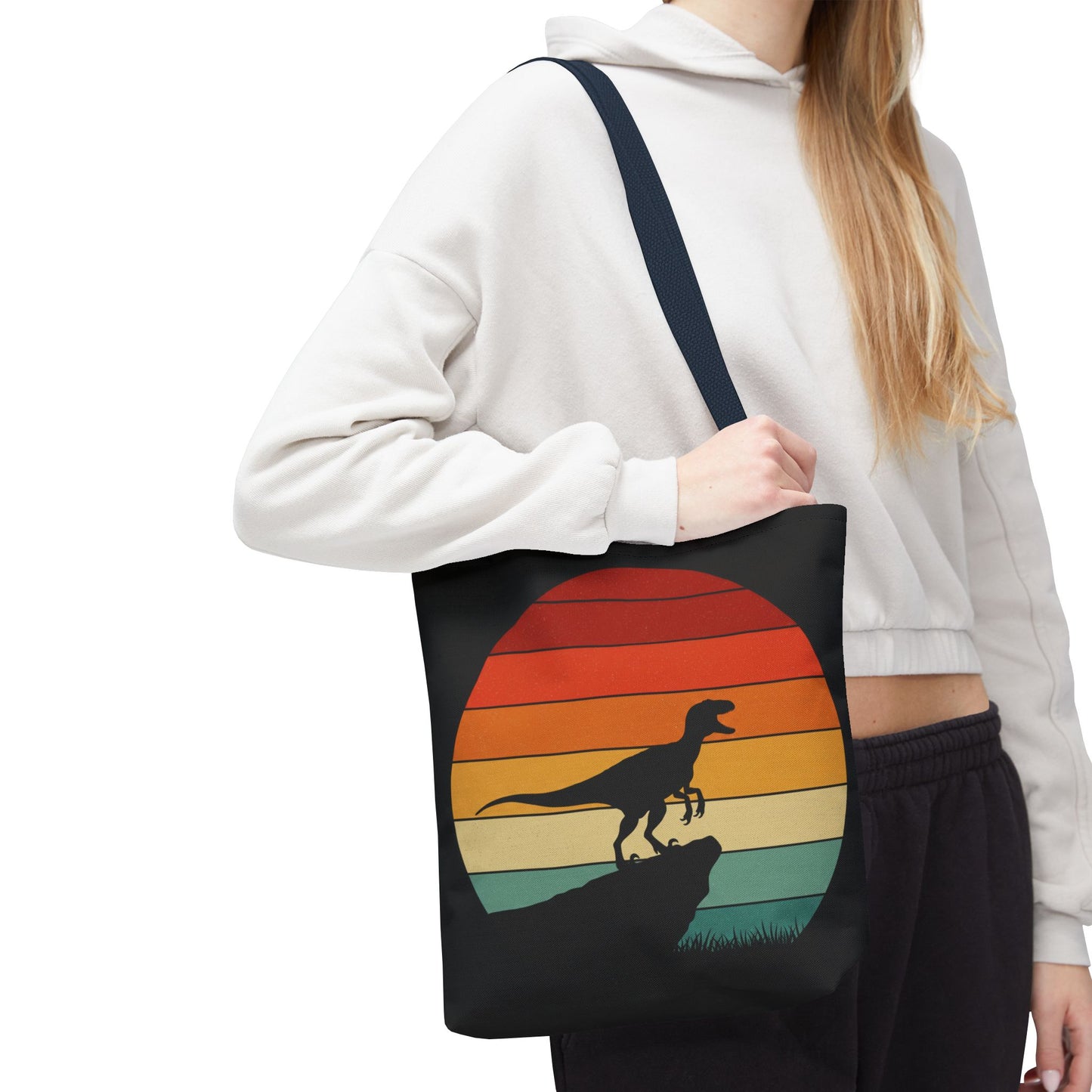 Retro Dino Sunset Tote Bag - Eco Canvas Dinosaur Beach Bag | Sustainable and Stylish Camping, Dino Lover Gift, Reusable Market Tote