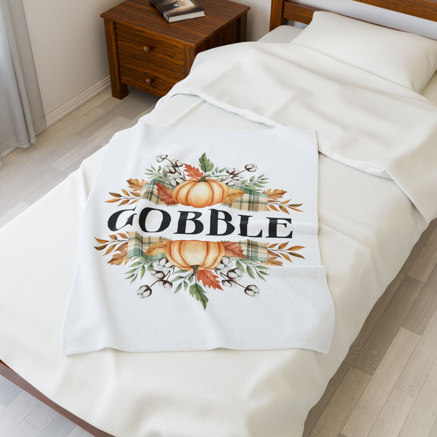 Gobble Fall Blanket, Thanksgiving Throw Blanket With Pumpkins And Leaves, Cozy Autumn Decor, Soft Fleece Blanket Gift For Family Gatherings