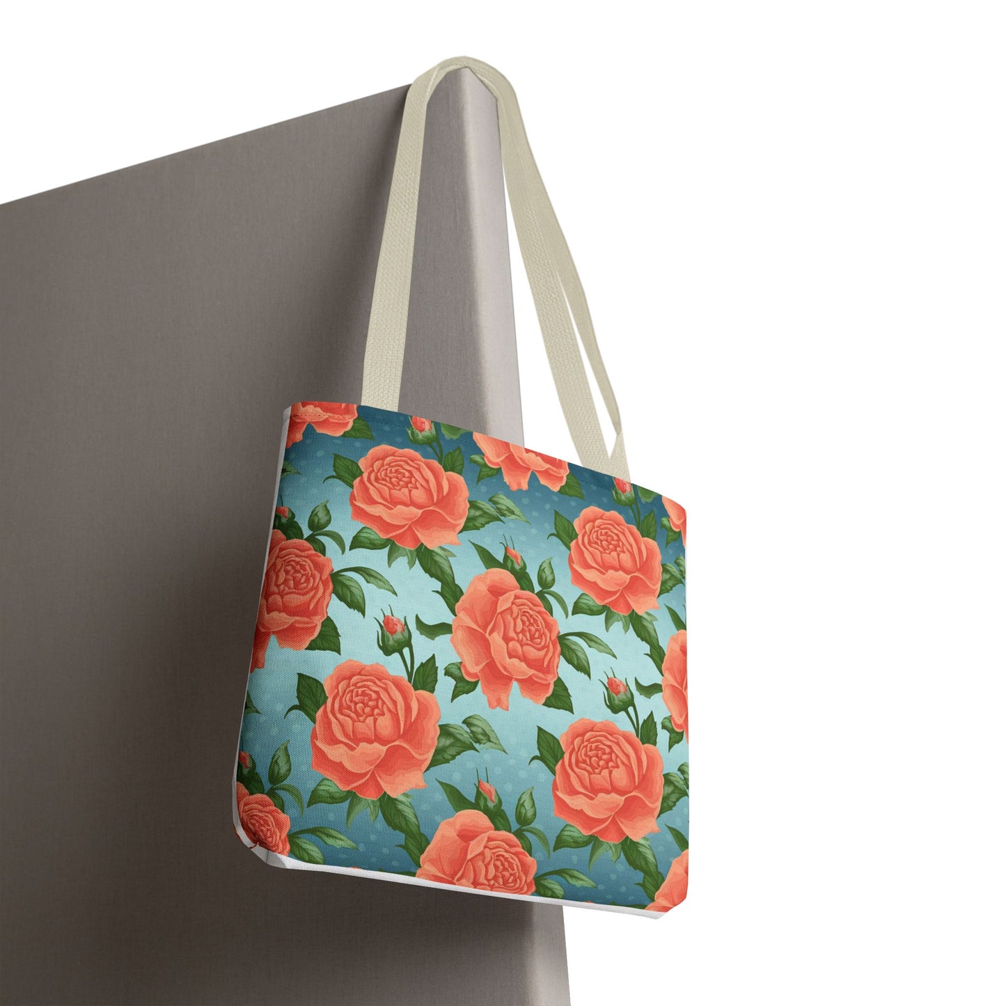 Vintage Floral Tote Bag – Coral Rose Pattern on Blue Background – Aesthetic Everyday Carry Bag – Reusable Fabric Market Tote Gift