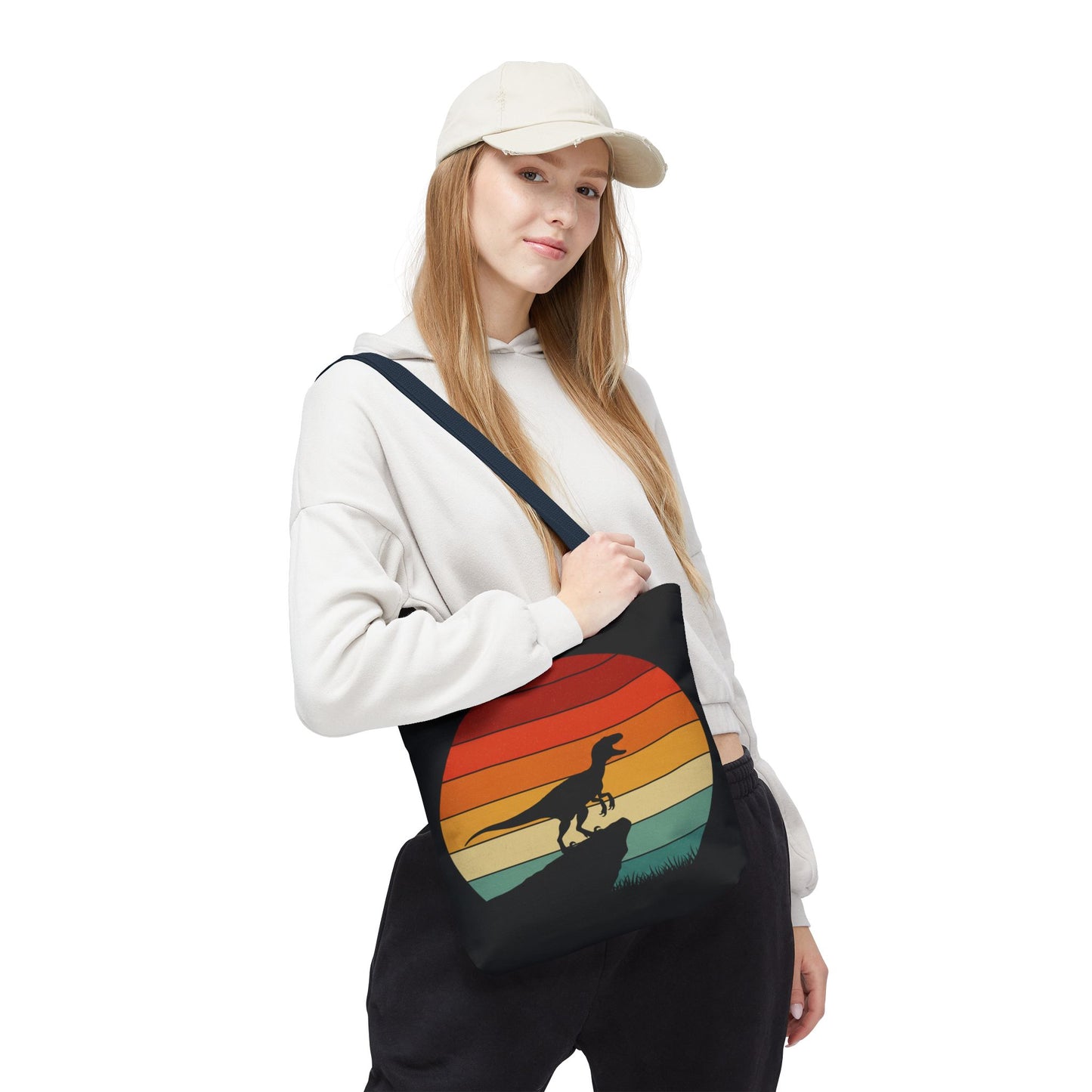 Retro Dino Sunset Tote Bag - Eco Canvas Dinosaur Beach Bag | Sustainable and Stylish Camping, Dino Lover Gift, Reusable Market Tote
