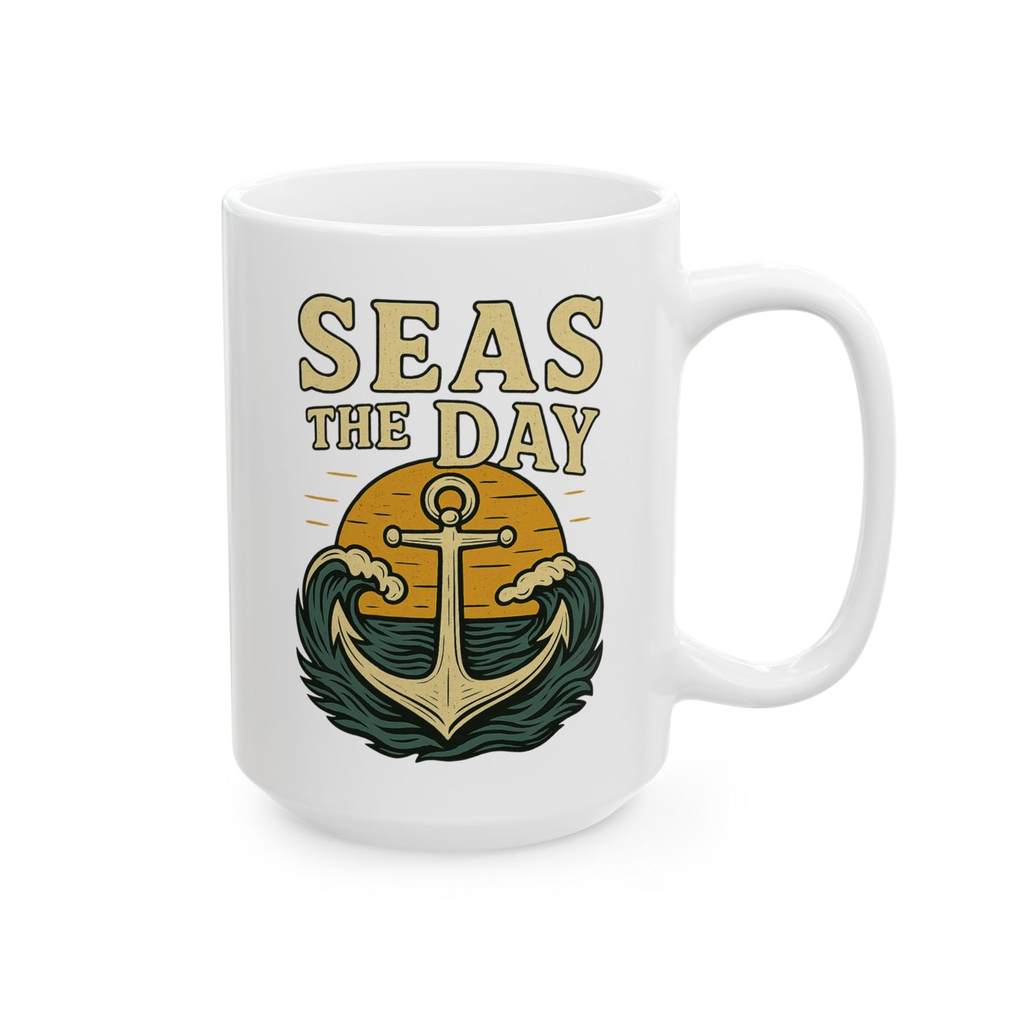 Seas the Day Coffee Mug – Nautical Anchor Ocean Sunset Cup, Funny Motivational Gift for Coffee Lovers, Sailors & Beach Vibes