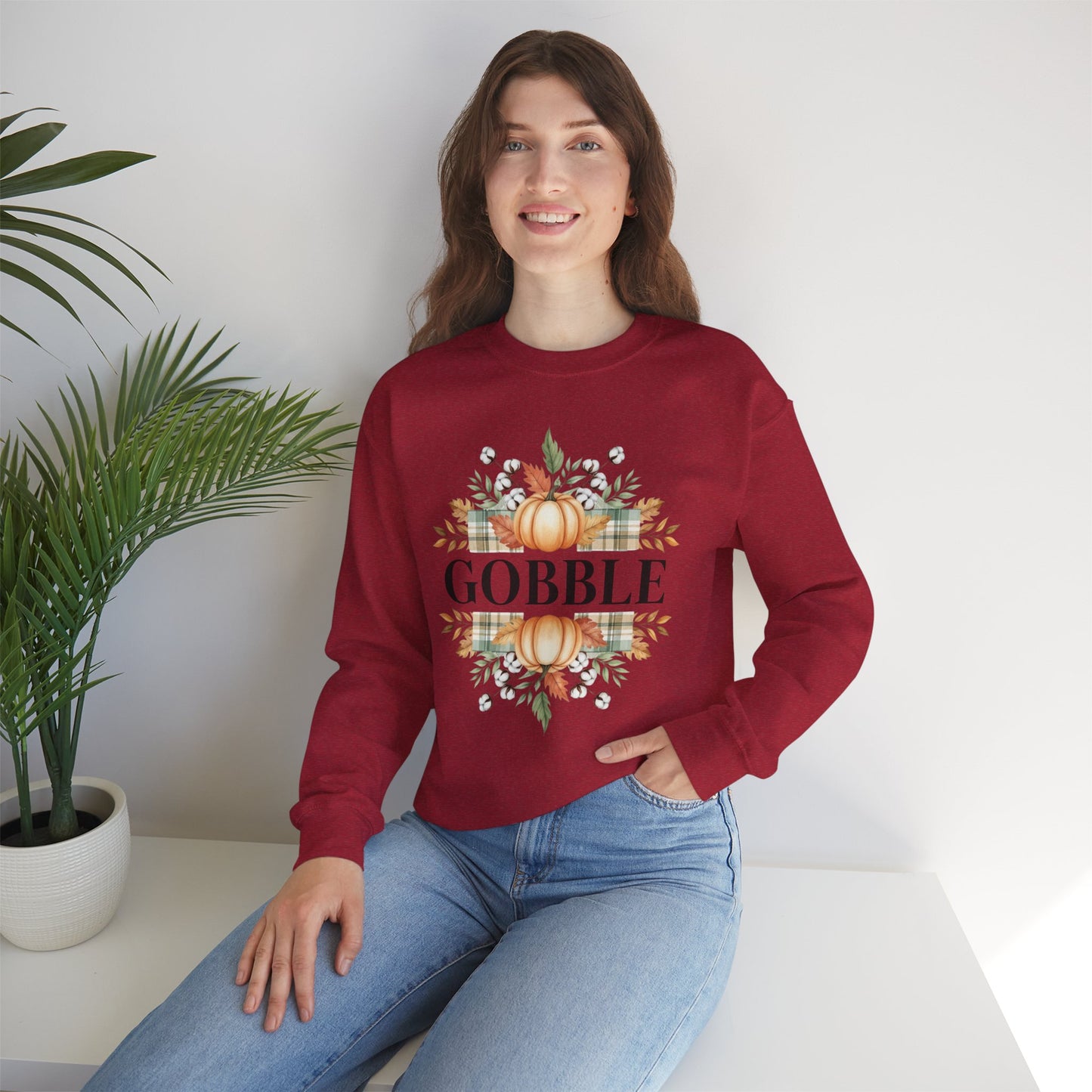 Gobble Turkey Sweatshirt, Thanksgiving Gobble Crewneck, Autumn Pumpkin Leaves Pullover, Fall Graphic Sweatshirt, Cozy Turkey Shirt