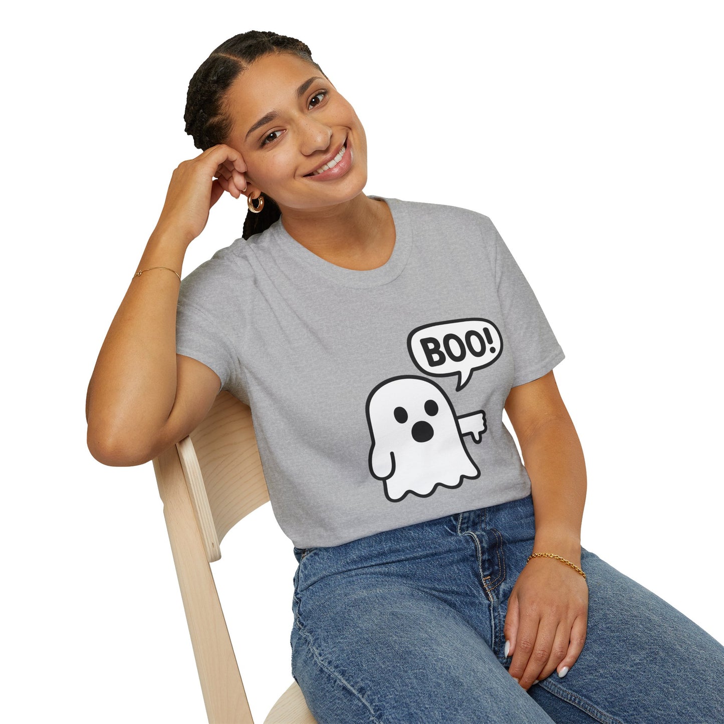 Cute Ghost Thumbs-Down 'Boo' Tee | Funny Halloween Play on Words Shirt | Spooky Season Ghost Tee | Fall Coquette Aesthetic Tee