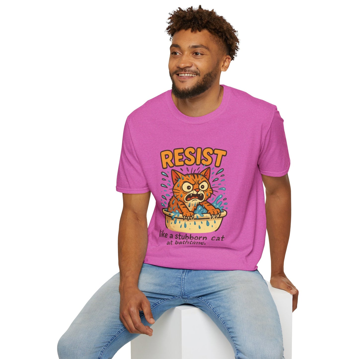 Resist Like A Stubborn Cat At Bathtime Funny Cat Lover Graphic Tee - Quirky Self Care Shirt - Gift For Pet Moms, Dads and Humor Fans