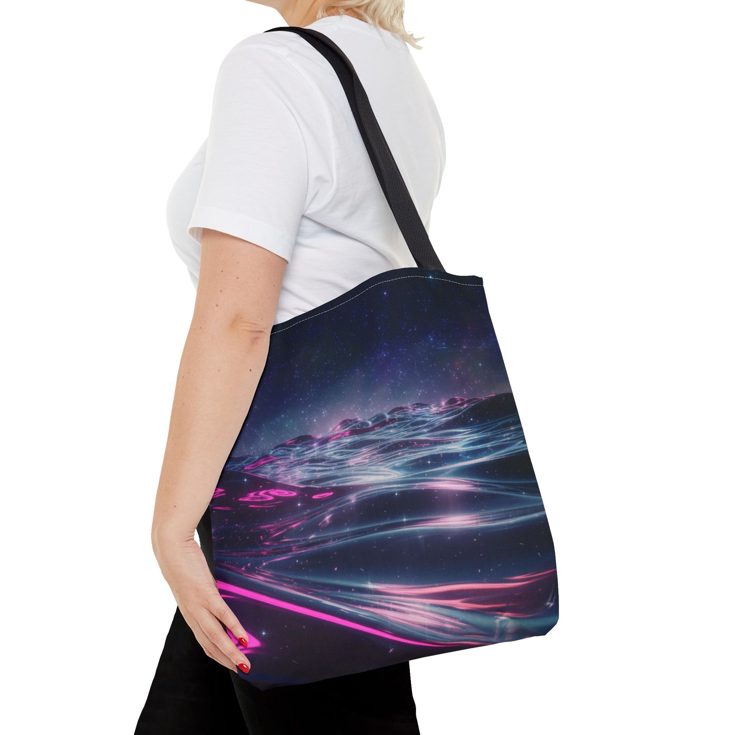 Neon Wave Horizon Tote Bag, Futuristic Ocean Design With Pink And Blue Light, Sci-Fi Aesthetic Reusable Tote For Travel, Gifts, And Everyday Use