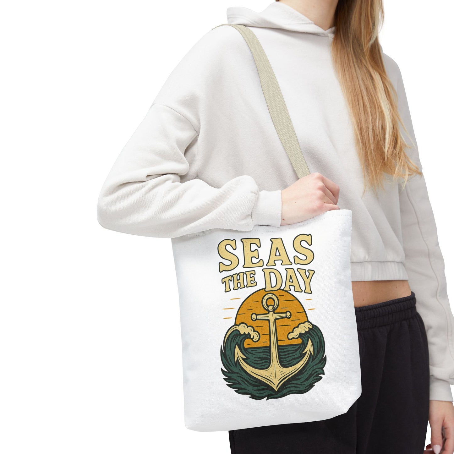 "Seas the Day" Nautical Tote Bag – Funny Beach Quote Canvas Bag with Anchor | Coastal Gift Idea for Summer, Travel, or Daily Use