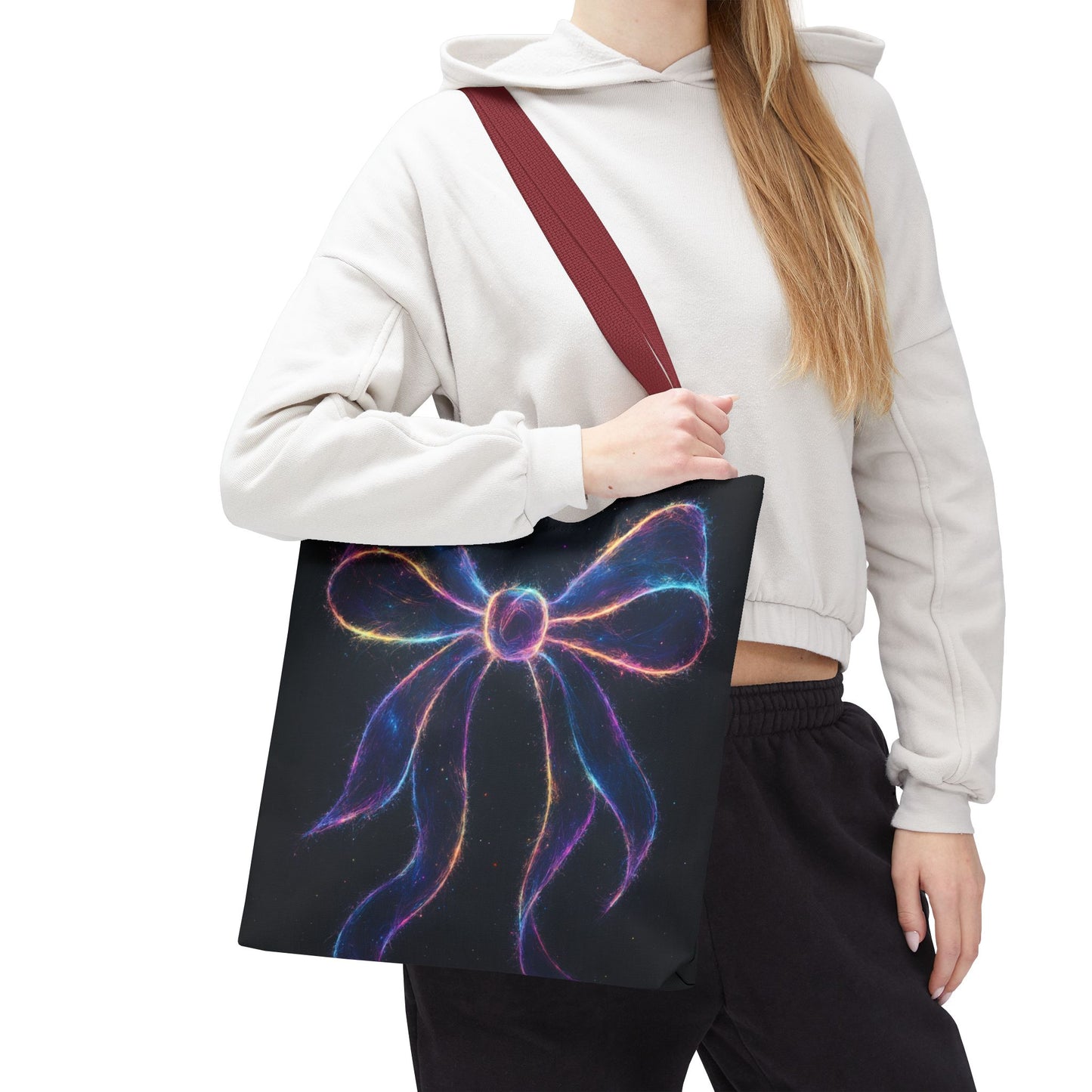Galaxy Glow Bow Tote Bag, Cosmic Neon Ribbon Design, Black Space Art Bag, Celestial Gift For Her, Stylish Reusable Everyday Tote