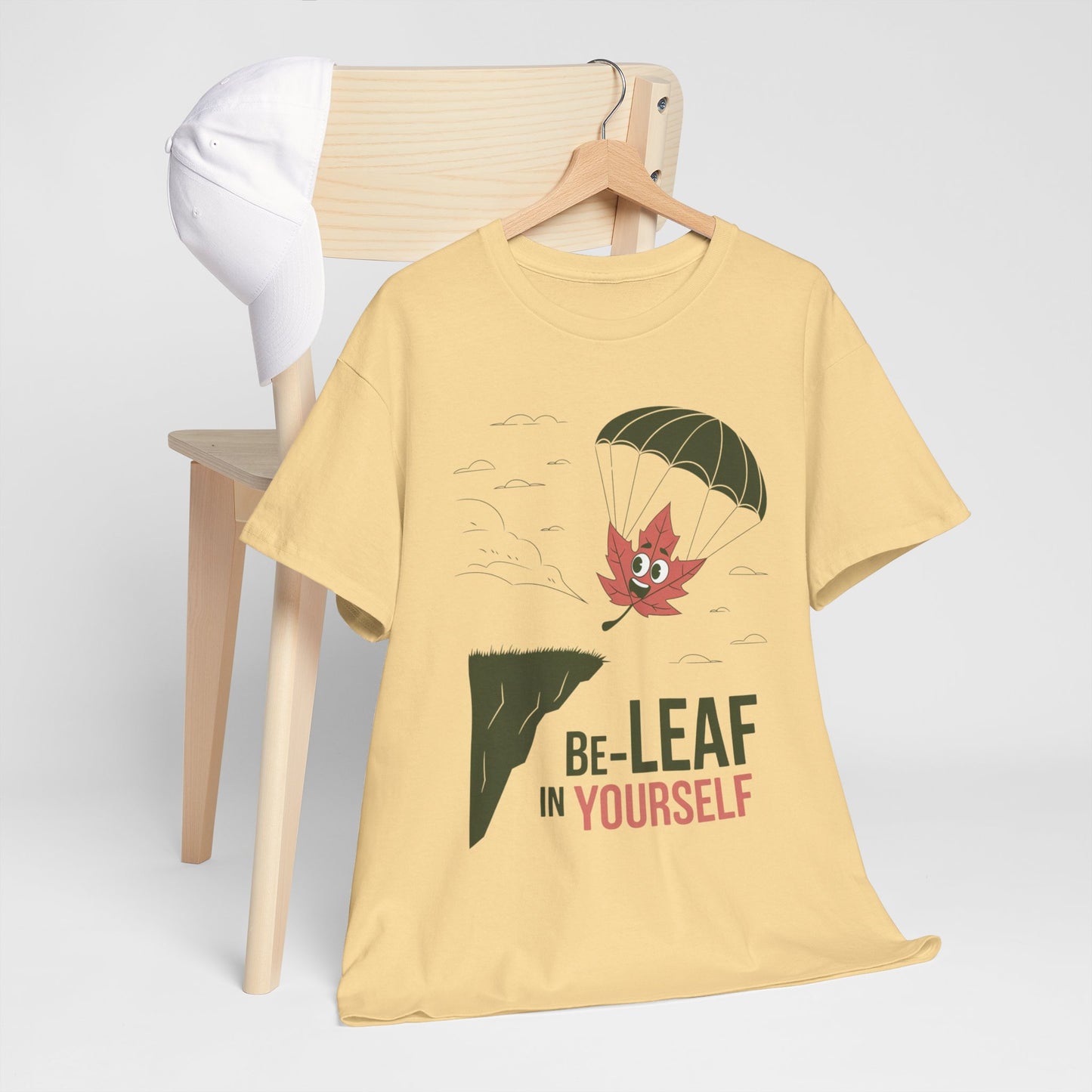 Be-Leaf In Yourself Maple Leaf Parachute T-Shirt | Funny Motivational Nature Graphic Tee | Self-Love Fall Autumn Shirt | Outdoorsy Gift